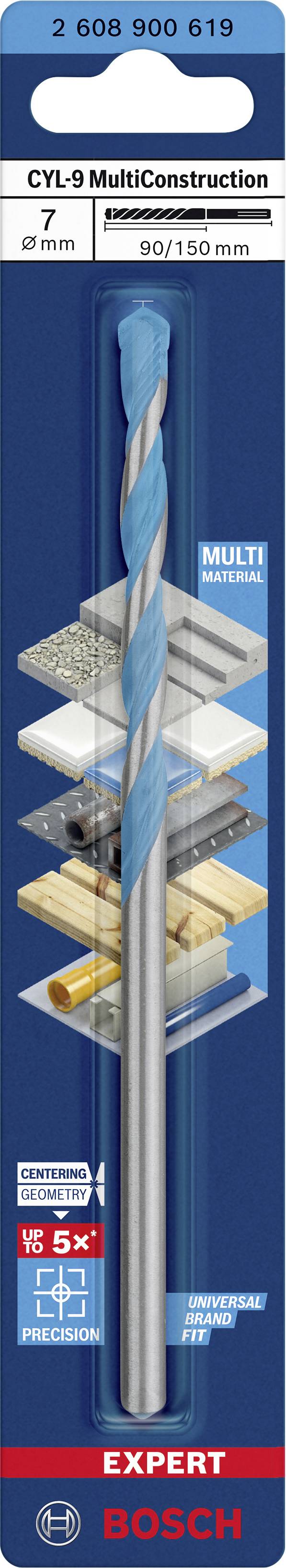 Vrták Bosch CYL-9 MultiConstruction, průměr 7 mm, délka 90/150 mm. Vhodný pro beton, cihly, dřevo a obklady.