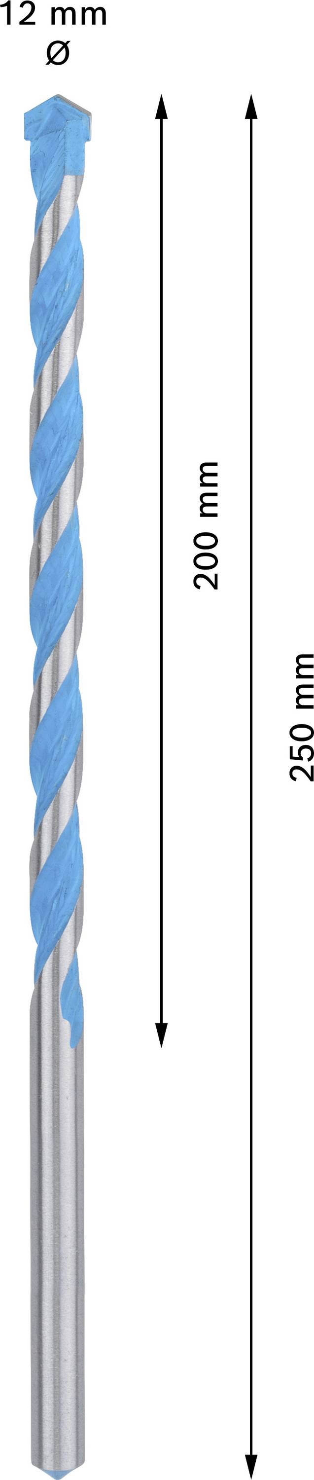 Vrták o průměru 12 mm a délce 250 mm, použitelná délka 200 mm. Modré spirální vzorování na stříbrném povrchu.