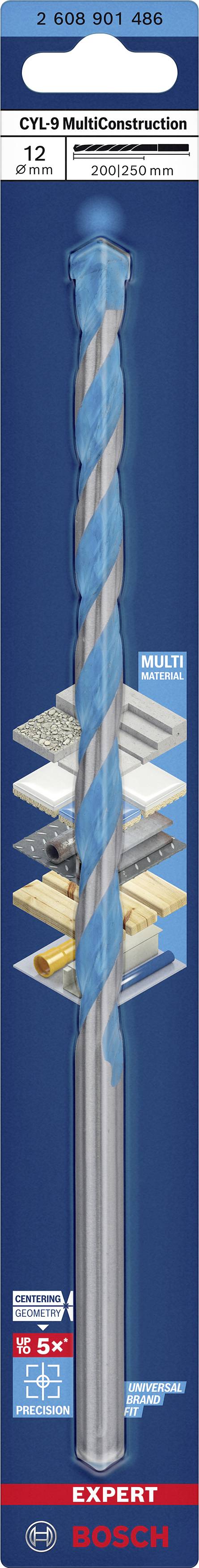 Vrták 'Bosch' s modro-šedou spirálou, vhodný pro beton, kov a obkladačky. Specifikace: průměr 12 mm, 'CYL-9' MultiConstruction.