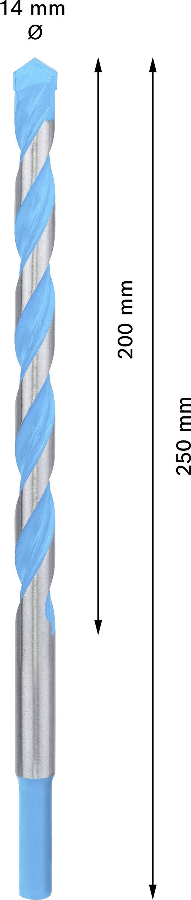 Vrták s modrým spirálovitým vzorem. Průměr: 14 mm, celková délka: 250 mm, pracovní délka: 200 mm.