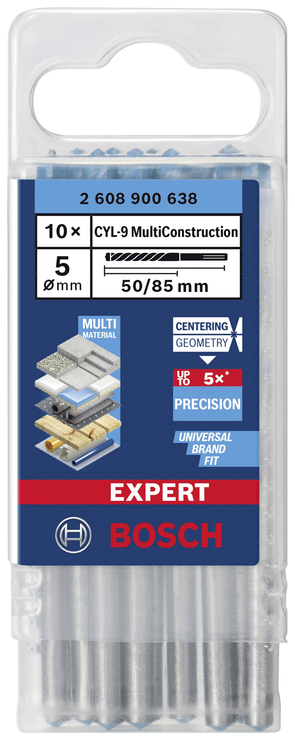 'Bosch Expert CYL-9 MultiConstruction sada vrtáků: 10 kusů, Ø 5 mm. Preciznost s centrující geometrií, univerzální použití.'