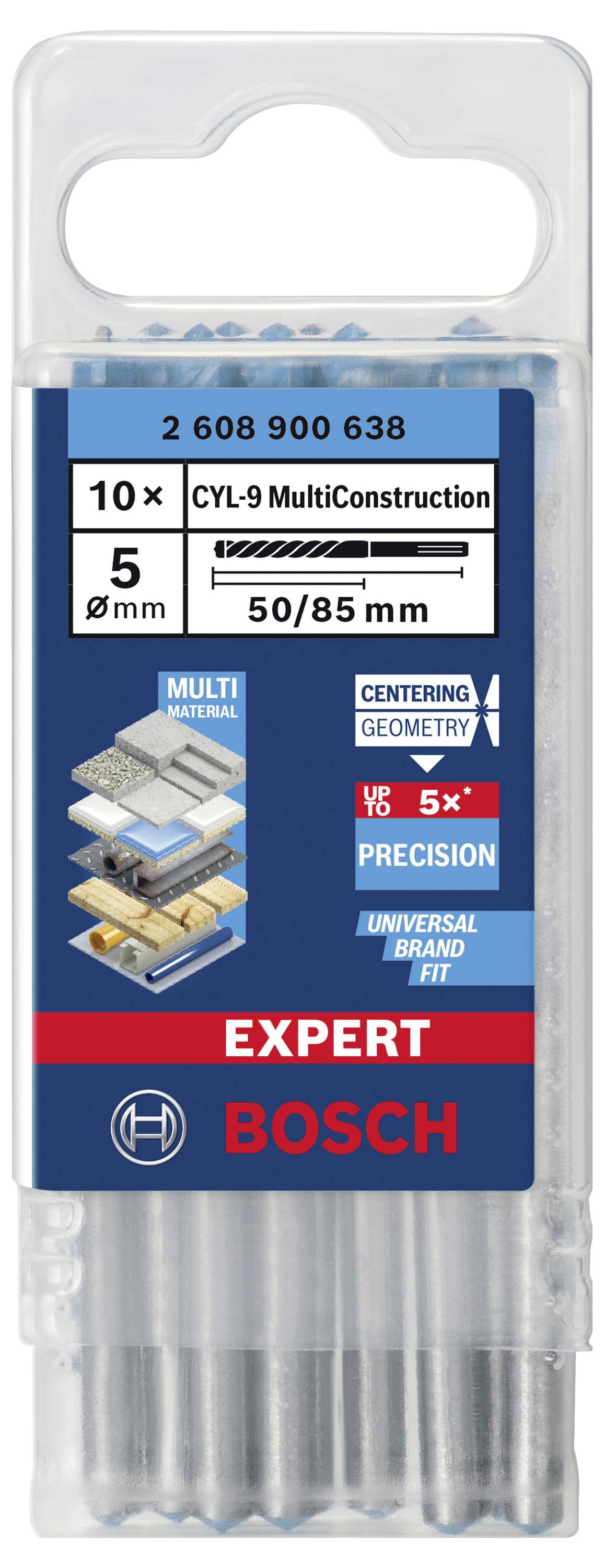 Modrý balíček vrtáků Bosch s 10 vrtáky, vhodný pro různé materiály. Velikost: Ø 5 mm, délka 50/85 mm.