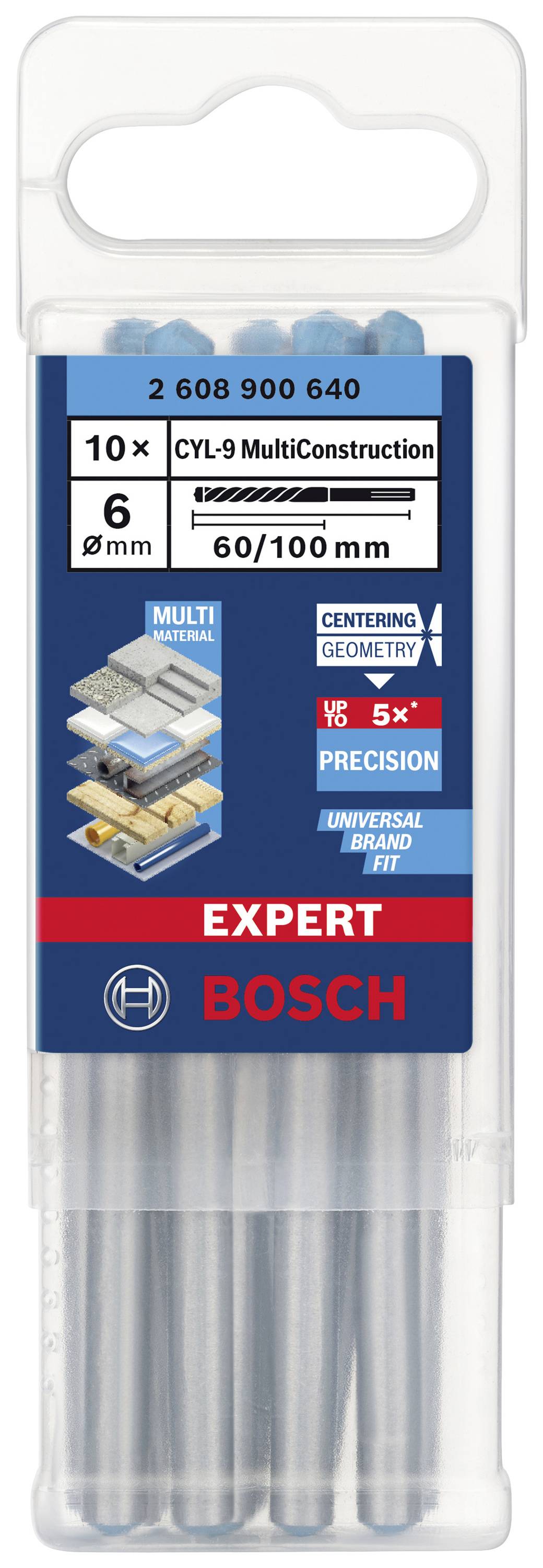 Balení obsahuje 10 vrtáků Bosch 'CYL-9 MultiConstruction', velikost 6 mm. Vhodné pro různé materiály, délka 60/100 mm.