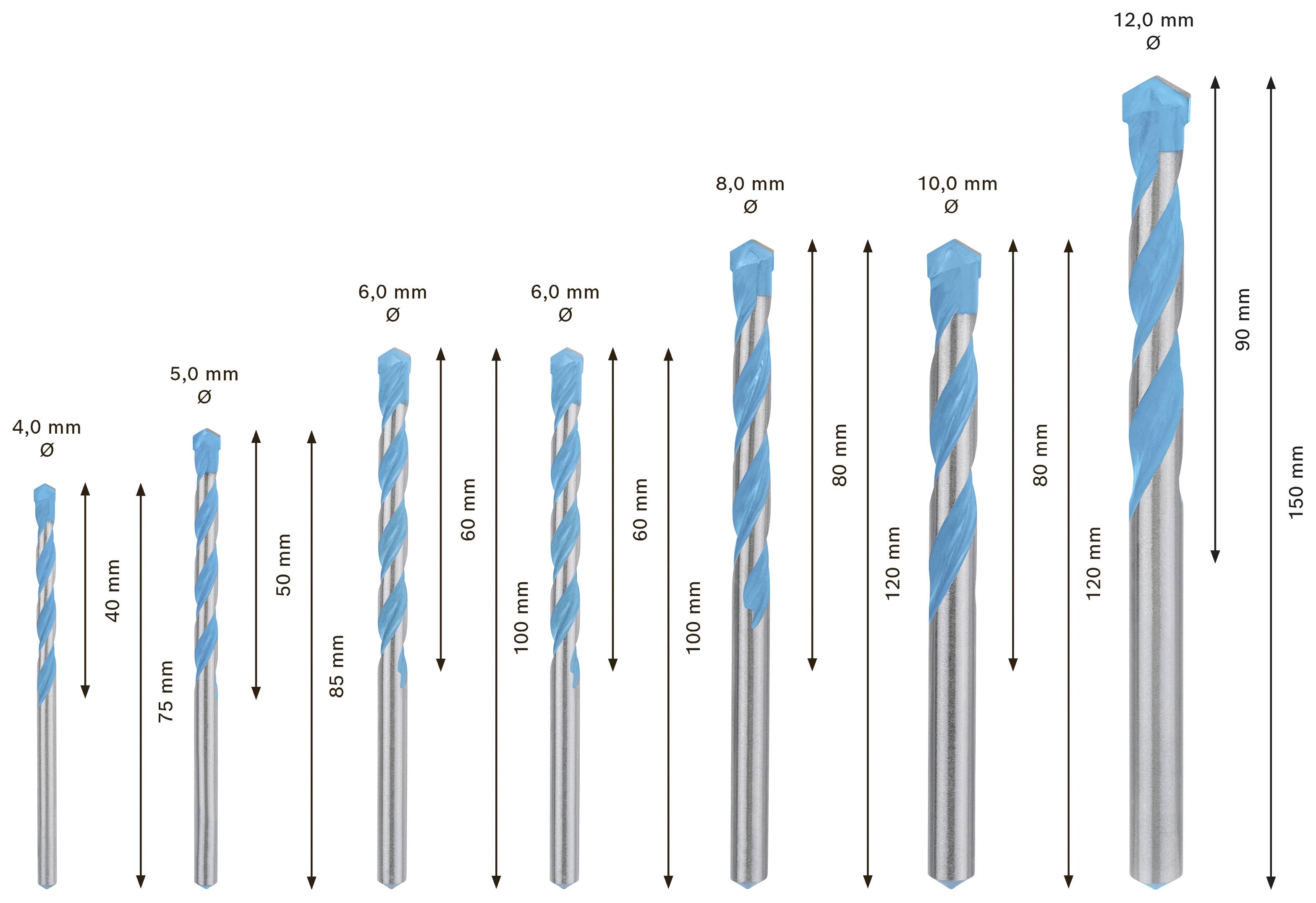 Obrázek znázorňuje osm vrtáků v různých velikostech od 4,0 mm do 12,0 mm v průměru a od 40 mm do 150 mm délky, seřazených od nejmenšího po největší.