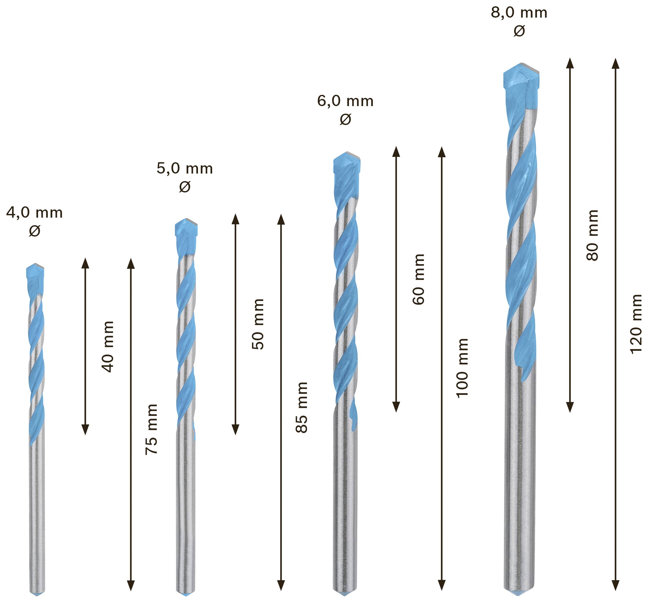 Pět velikostí vrtáků: 4 mm (40 mm dlouhý), 5 mm (75 mm), 6 mm (85 mm), 6 mm (100 mm), 8 mm (120 mm). Šipky označují délky.