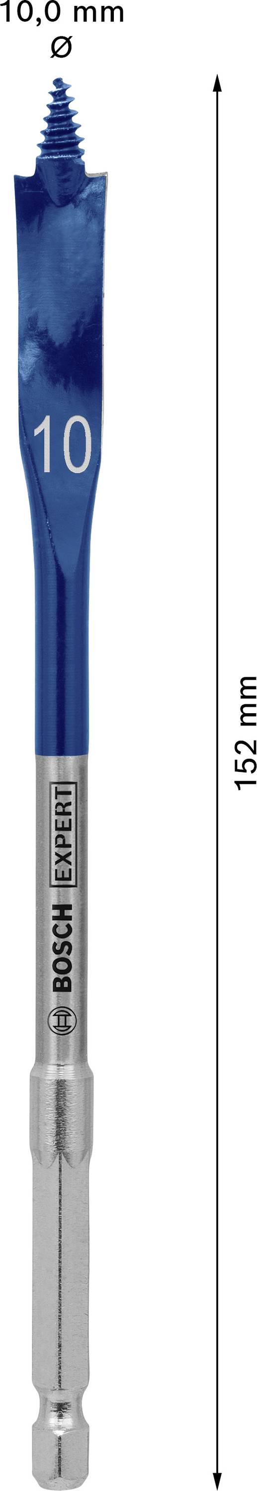 'Bosch Expert' plochý frézovací vrták, průměr 10,0 mm, celková délka 152 mm, ocel, modrá špička, vhodný pro dřevěné materiály.