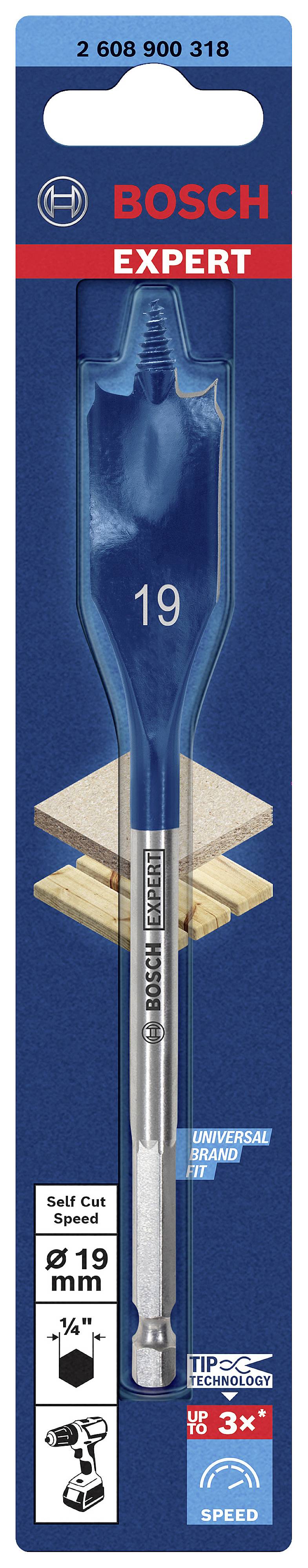 Balení Bosch zemního vrtáku, průměr 19 mm. Vhodný pro dřevo. Vyroben pro rychlé, přesné použití s dlouhou životností.