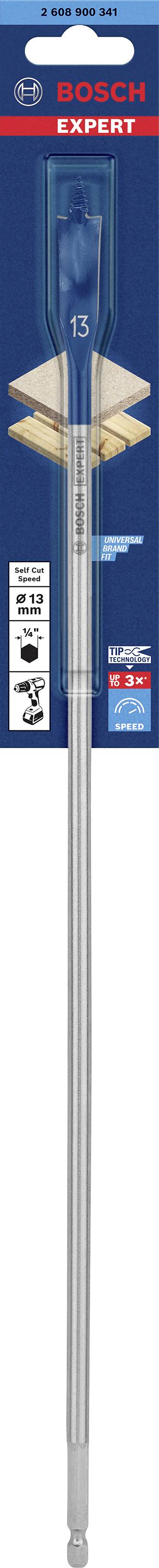 Vrták 'Bosch', zabalený v modré krabičce. Označený jako „EXPERT SELF CUT SPEED". Velikost: 15 mm.