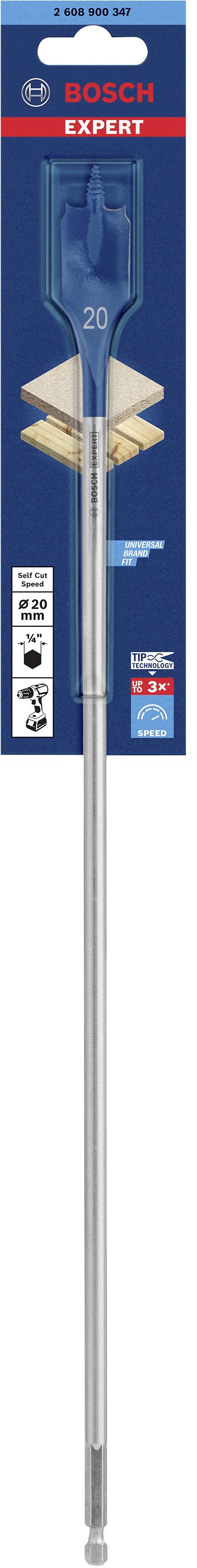 Vrták od Bosche pro dřevo, průměr 20 mm, v modrém blistrovém obalu s obrázkem dřevěných materiálů a pokyny k použití.