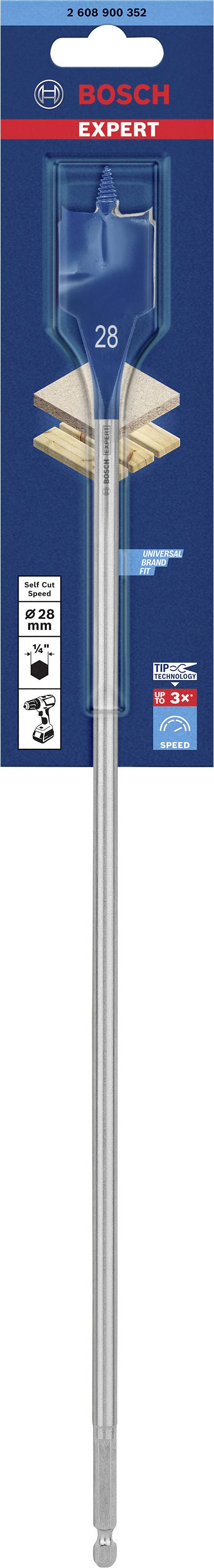 Vrták s šestihrannou stopkou, průměr 28 mm, vhodný pro dřevo. Obal zobrazuje příklady použití a logo značky.