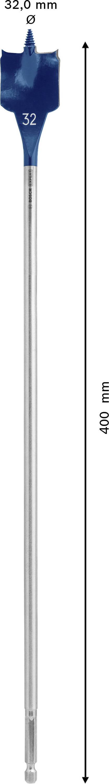 Vrták s modrou špičkou, délka: 400 mm, průměr: 32 mm, černé šipky ukazují na údaje o velikosti.