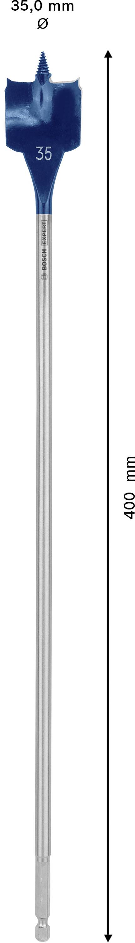 Dlouhý vrták s modrým plochým hlavou o šířce 35 mm, který má celkovou délku 400 mm.
