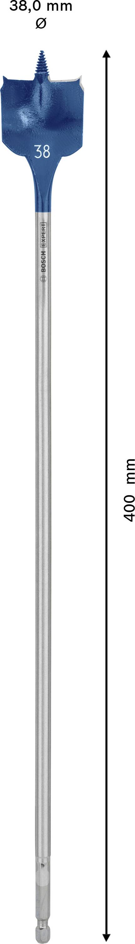 Dlouhý vrták s modrou špičkou o průměru 38 mm a délce 400 mm.