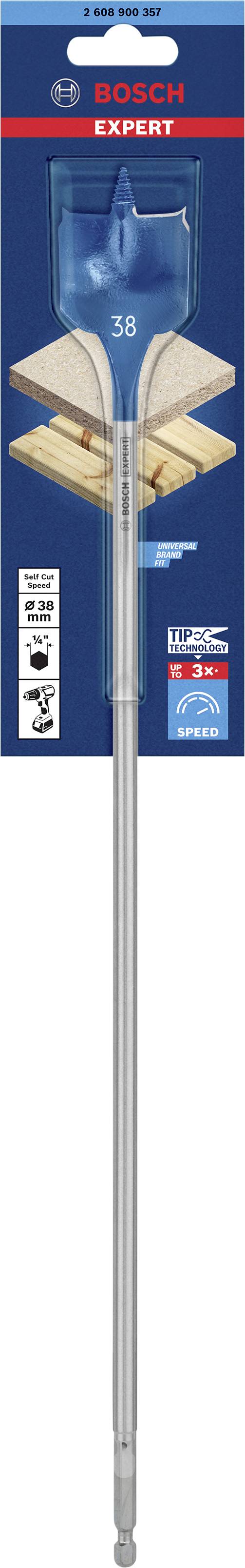 Plochý frézovací vrták Bosch 38 mm pro dřevo v obalu, vhodný pro dřevařské práce. Obal zobrazuje dřevěné symboly a firemní logo.