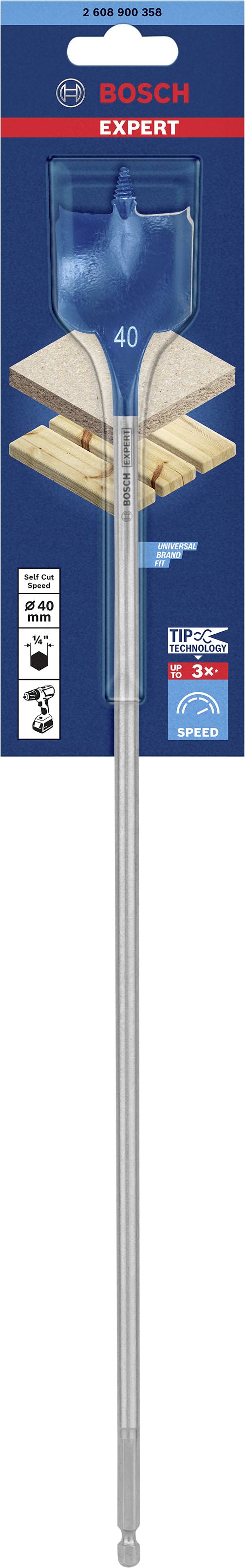 Dlouhý dřevěný vrták 'Bosch Expert 40mm'. Balení s vyobrazením výrobku a logy. Vhodný pro vrtání do dřeva, zdůrazněna kvalita a přesnost.