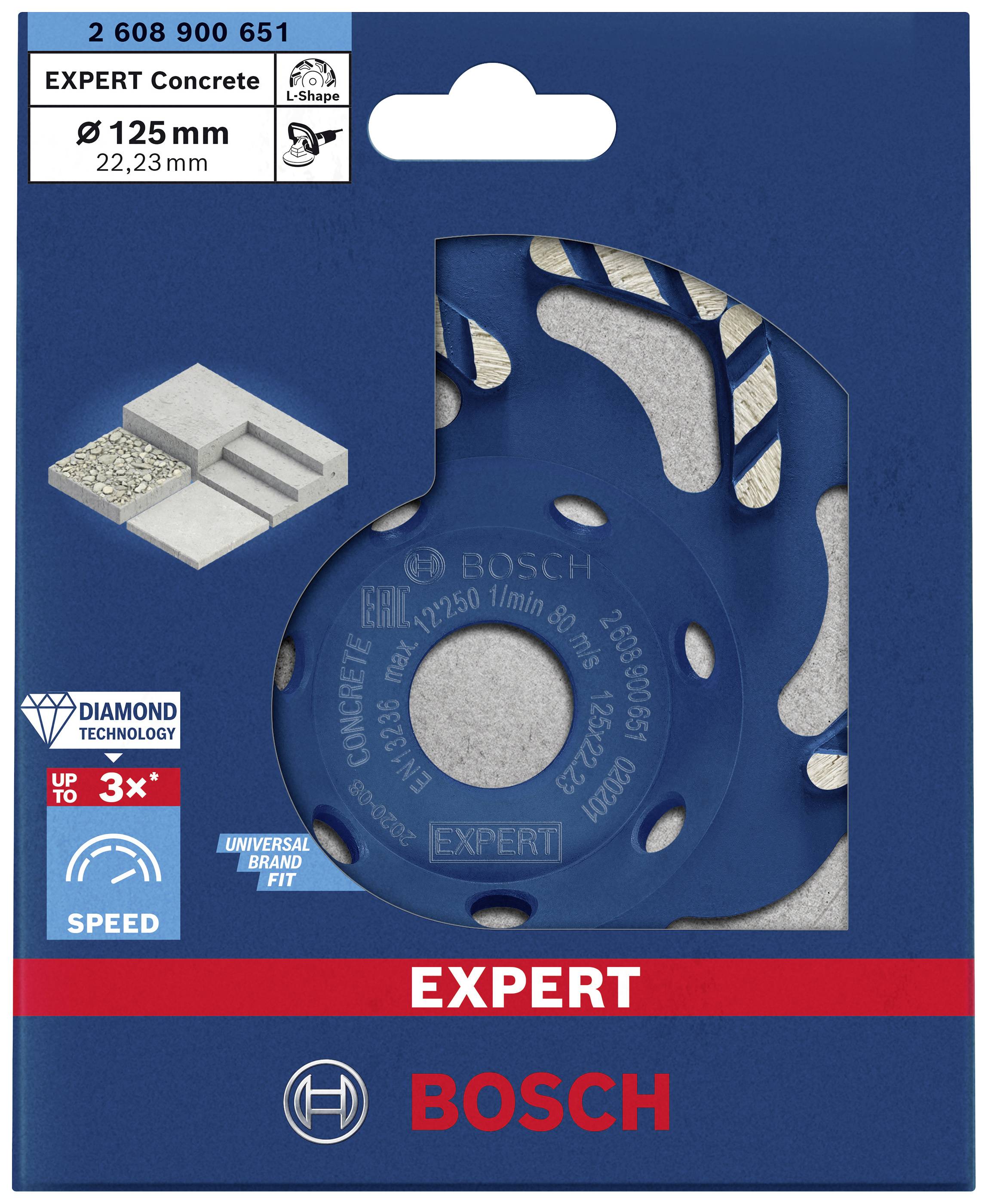 Diamantový řezací kotouč 'Bosch Expert Concrete' v modré obalu, vhodný pro beton. Průměr 125 mm, až trojnásobná rychlost.