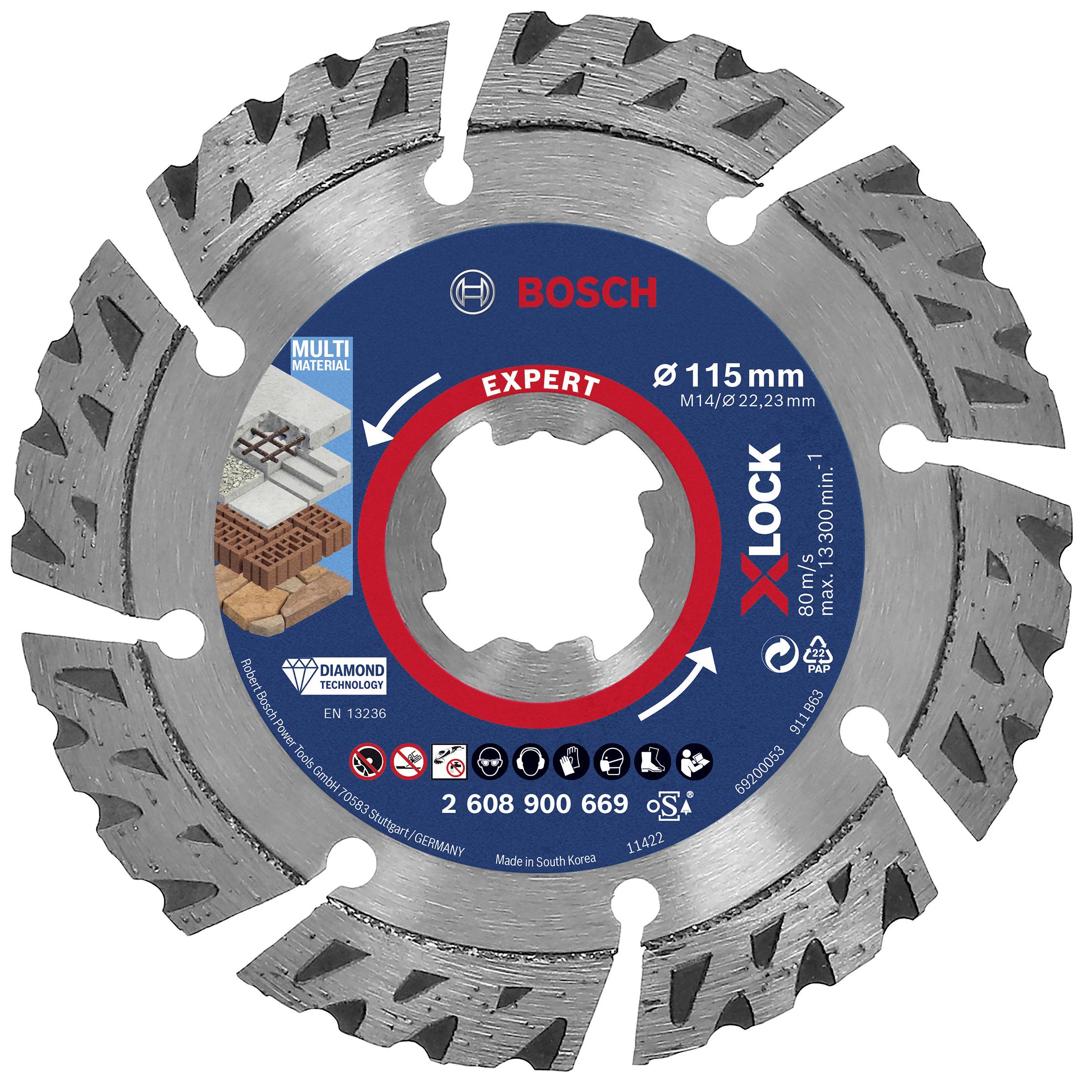 Rozbrušovací kotouč Bosch s X-Lock pro víceúčelové materiály, průměr 115 mm. Vhodný pro řezání cihel a betonu.