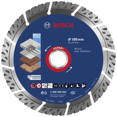 Diamantový řezný kotouč Bosch o průměru 180 mm pro různé materiály. Vhodný pro beton, kámen a cihly.