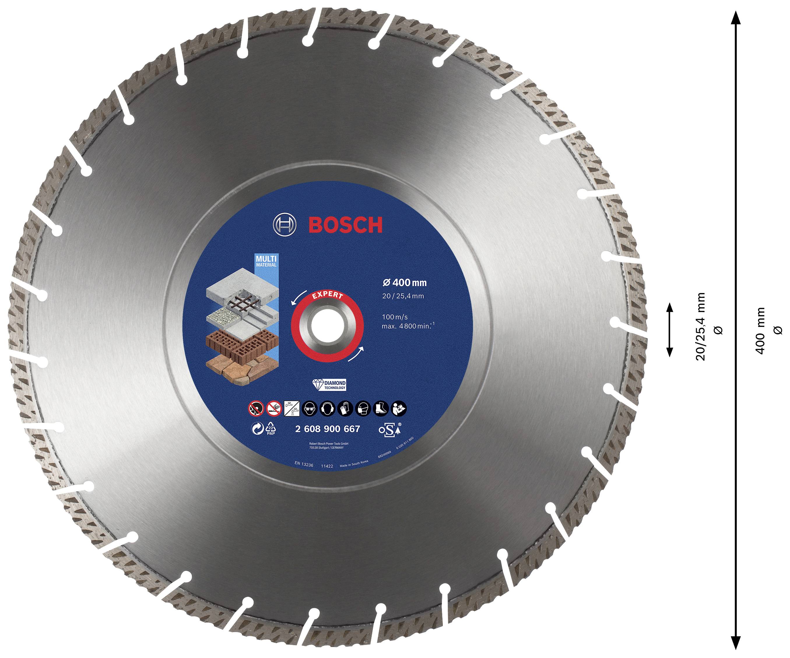Kulatý kovový pilový list od Bosche, průměr 400 mm, vhodný pro cihly, beton, žulu. Stupnice velikosti vpravo ukazuje 204,54 mm.