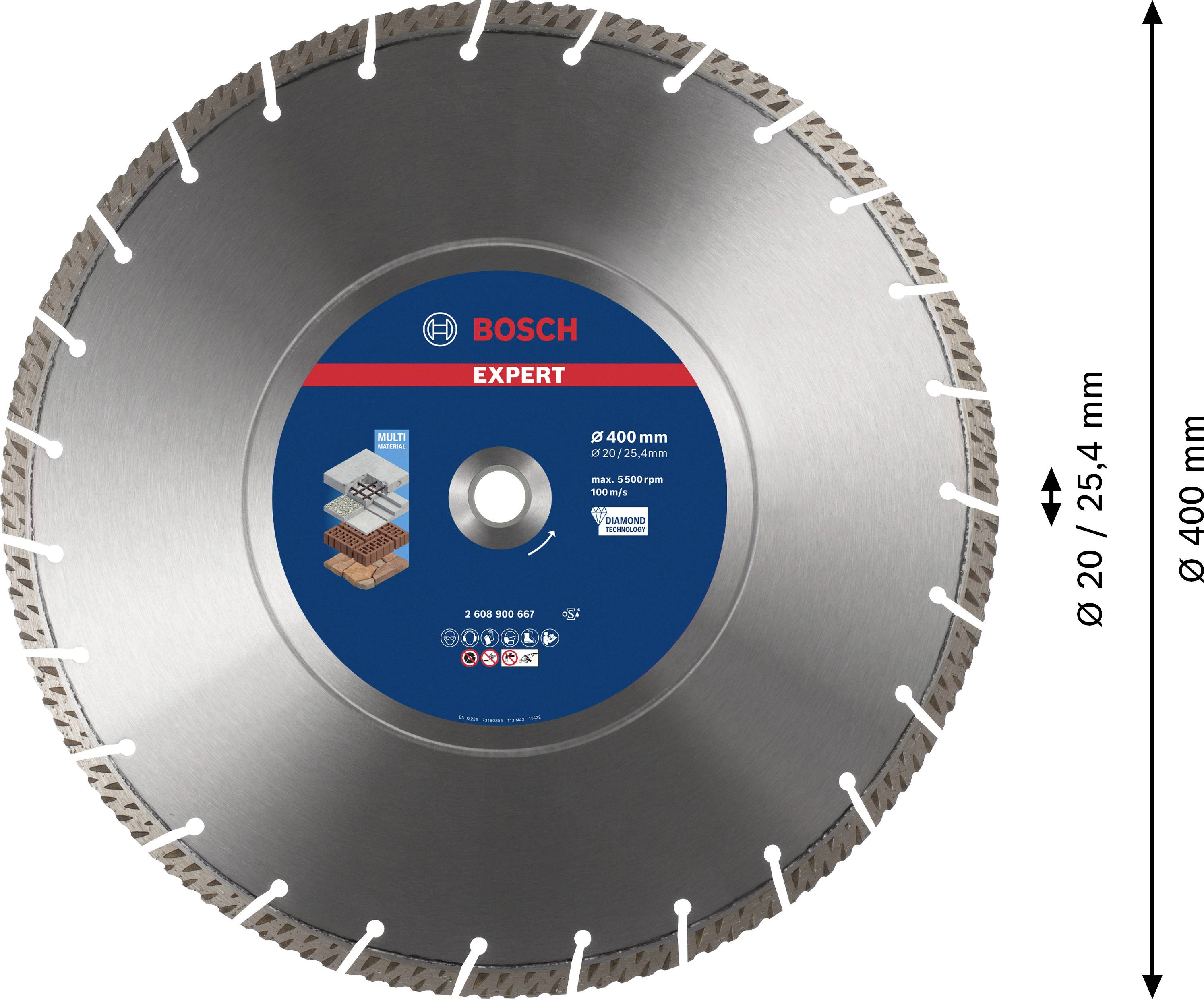 Pilový kotouč od Bosch, průměr: 400 mm, vhodný pro beton a zdivo, s obrazovými symboly pro použití materiálu.