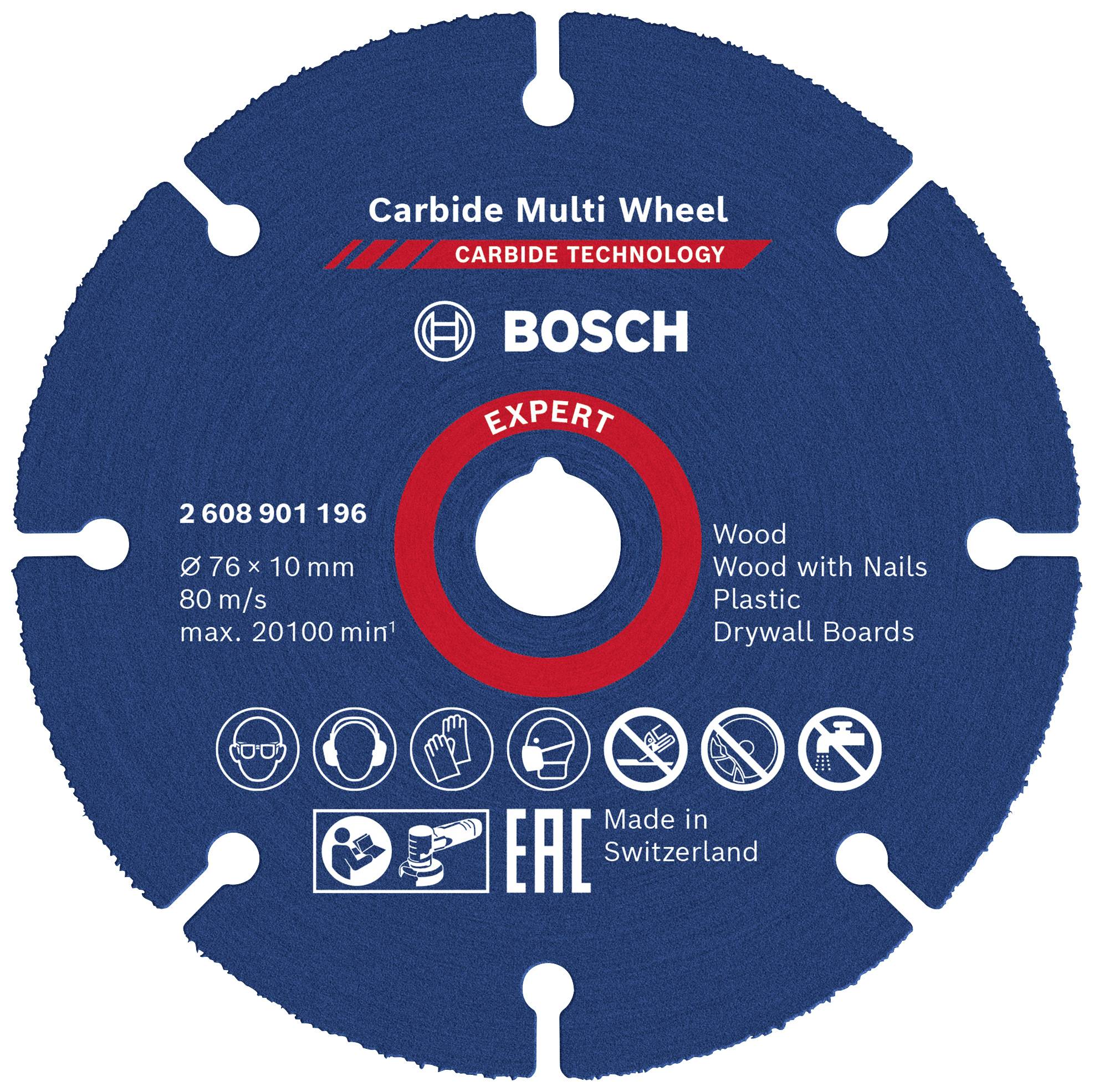 Modrý řezný kotouč Bosch s červeným kroužkem. Nápis: 'Carbide Multi Wheel, Expert', vhodný pro dřevo, plast a sádrokartonové desky.