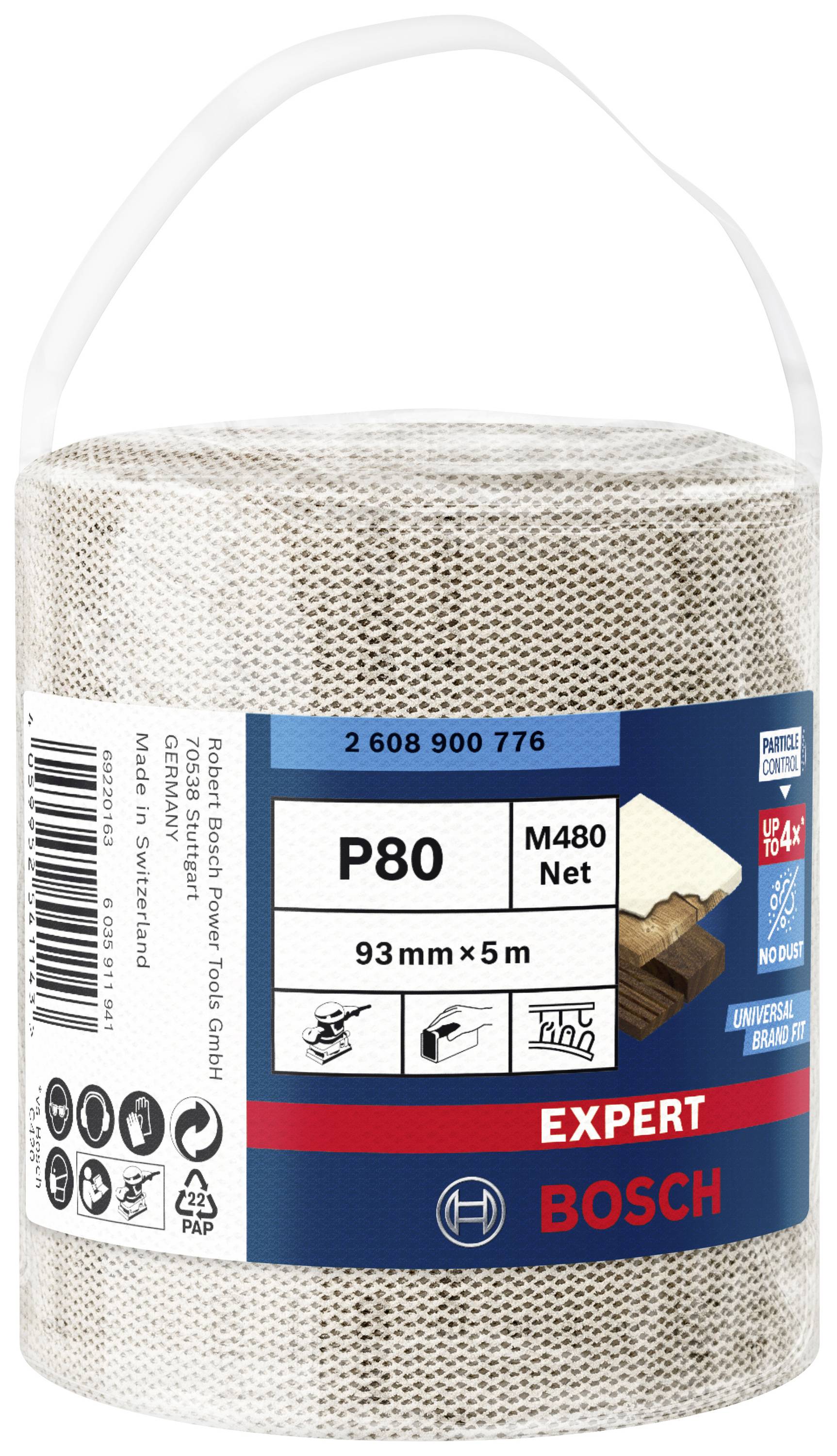 Brusný pás značky Bosch, zrnitost P80, 93mm x 5m. Balení zobrazuje možnosti použití pro dřevěné a kovové povrchy.