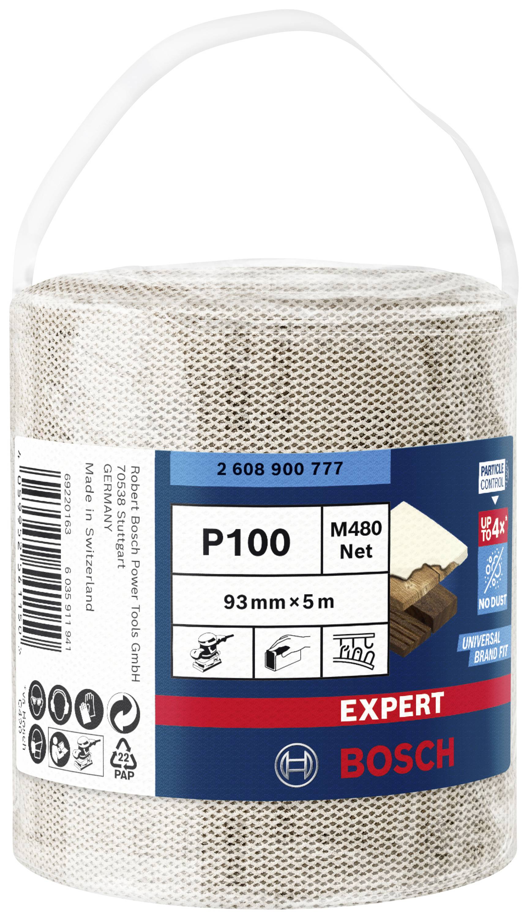 Role jemné brusné mřížky od Bosche s hrubostí P100, šířkou 93 mm a délkou 5 m. Balení zobrazuje možnosti použití.