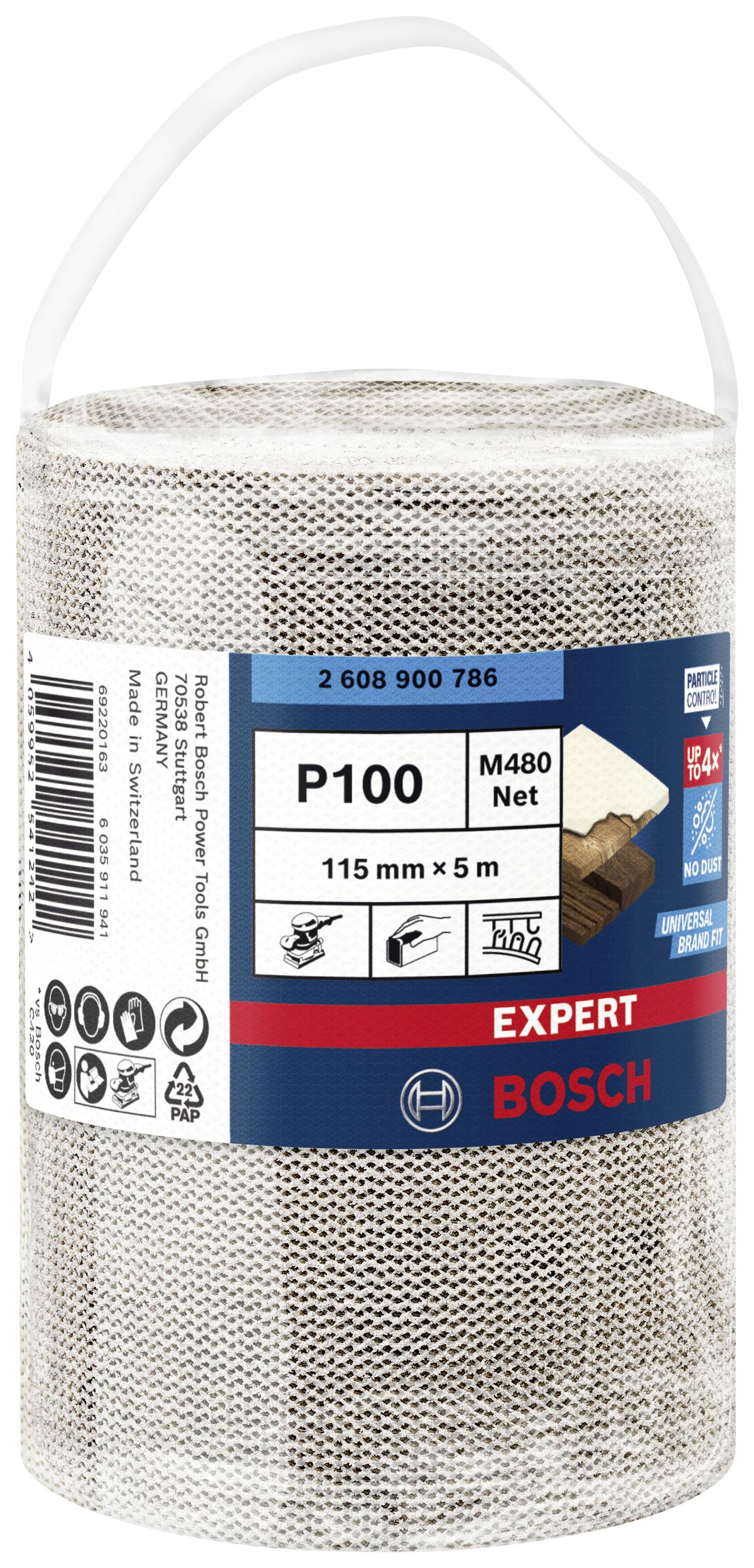 Role brusného plátna s nápisem 'P100' a 'Bosch Expert', rozměry 115 mm x 5 m, vhodná pro různé povrchy.
