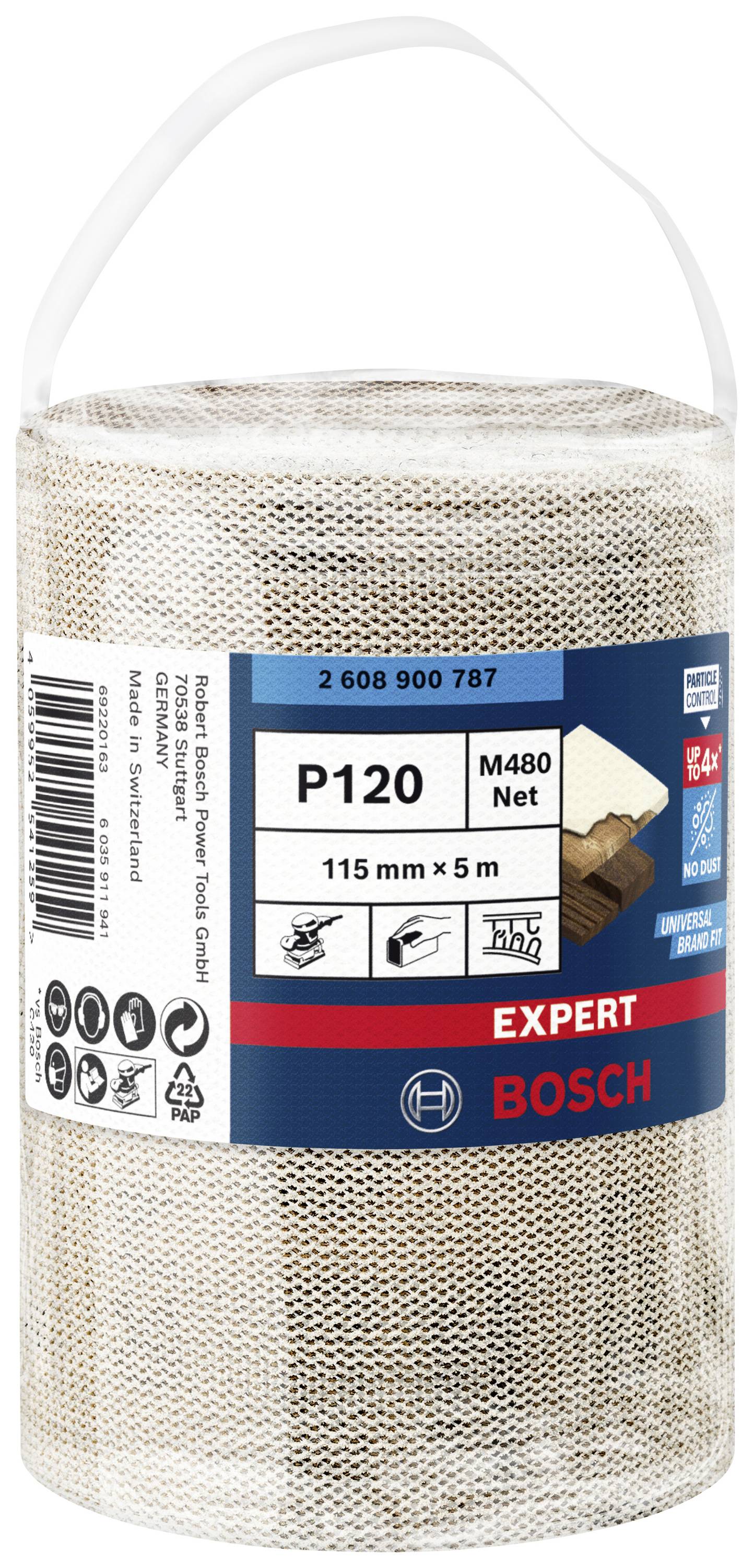 Brusná mřížková role Bosch, model P120, 115 mm x 5 m, vhodná pro opracování dřeva a kovu, v mřížkovém provedení pro efektivní odsávání prachu.