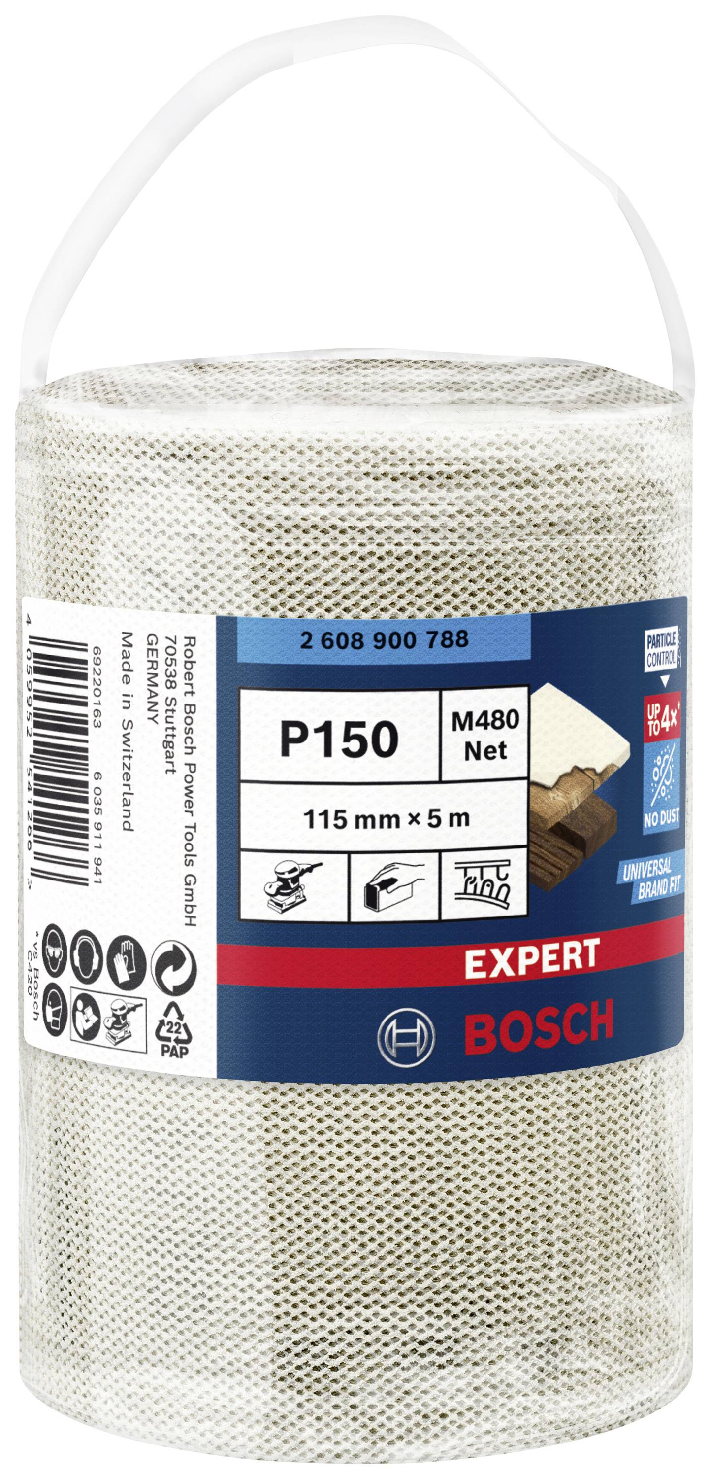 Brusný výrobek na roli 'Bosch Expert' P150, 115 mm x 5 m. Vhodný pro dřevo a barvu. Obsahuje produktové informace a symboly.