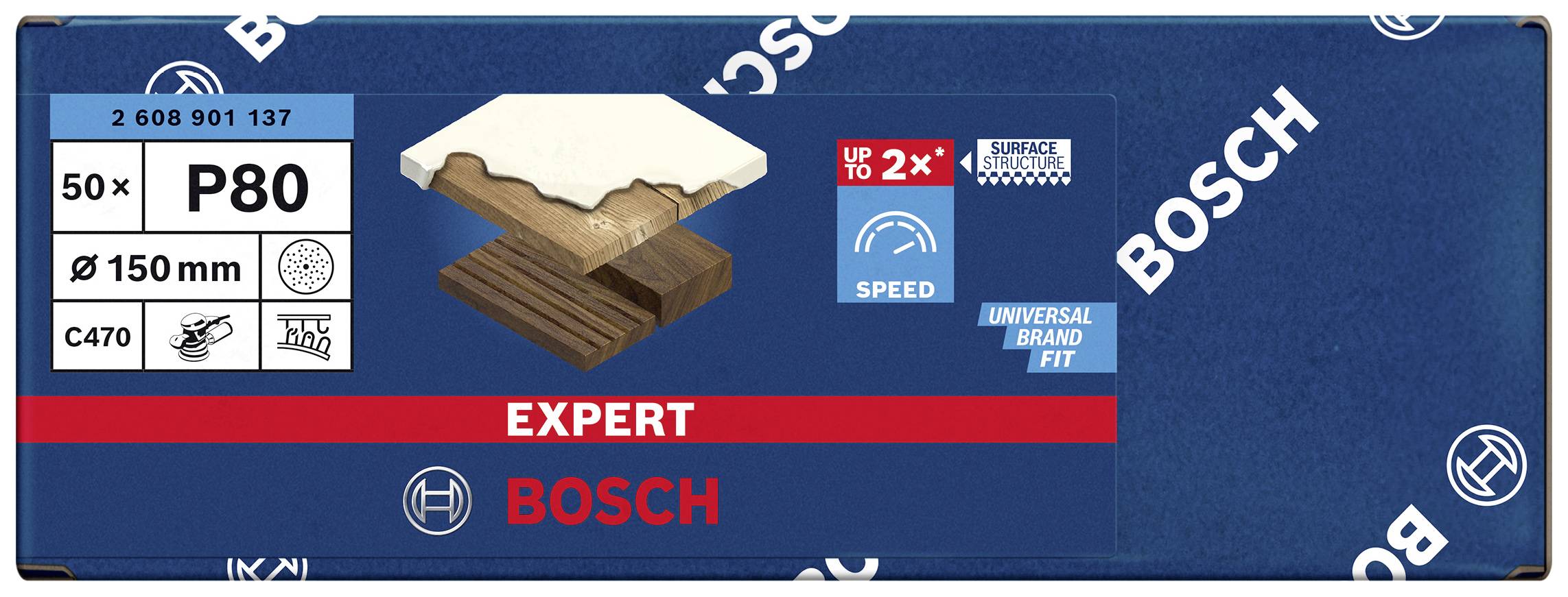 Obal zobrazuje brusný papír se zrnitostí P80, vhodný pro dřevo, kov a barvu, průměr 150 mm, značka Bosch.