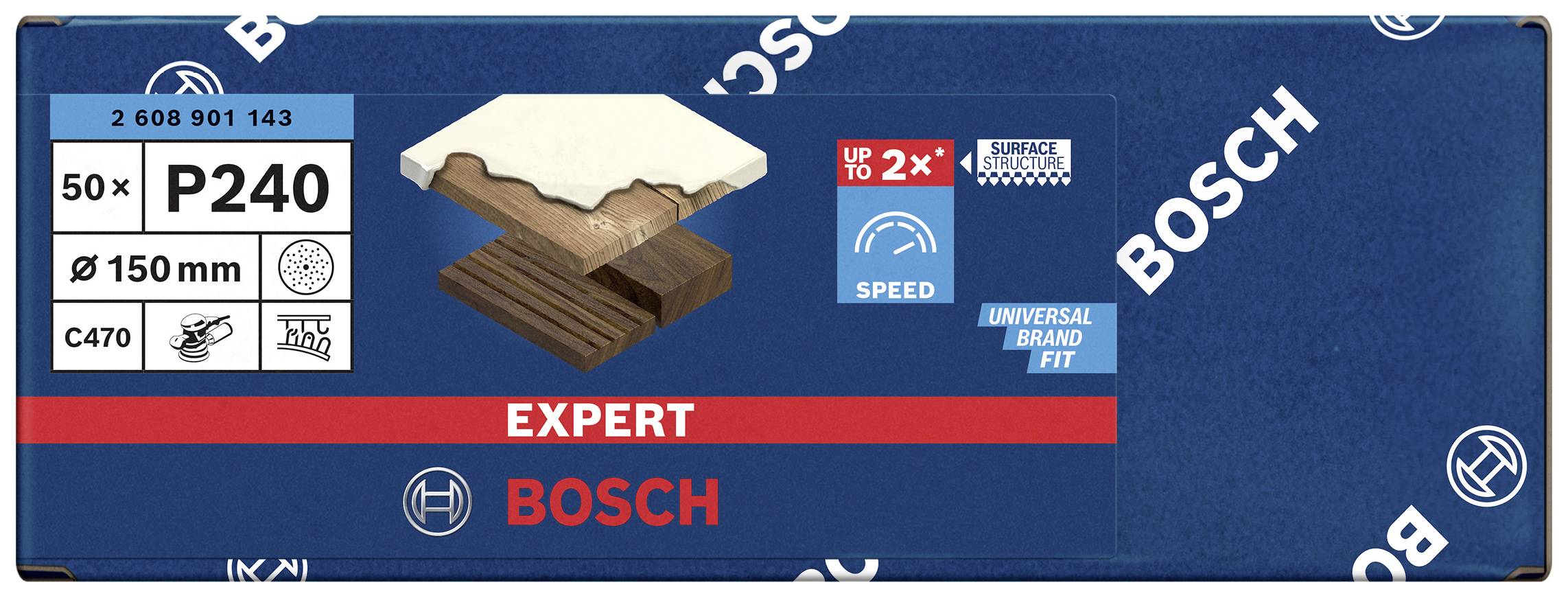 Balení brusného papíru Bosch, 50 kusů, zrnitost P240, průměr 150 mm, pro dřevo a kov, s logem značky a symbolem rychlosti.