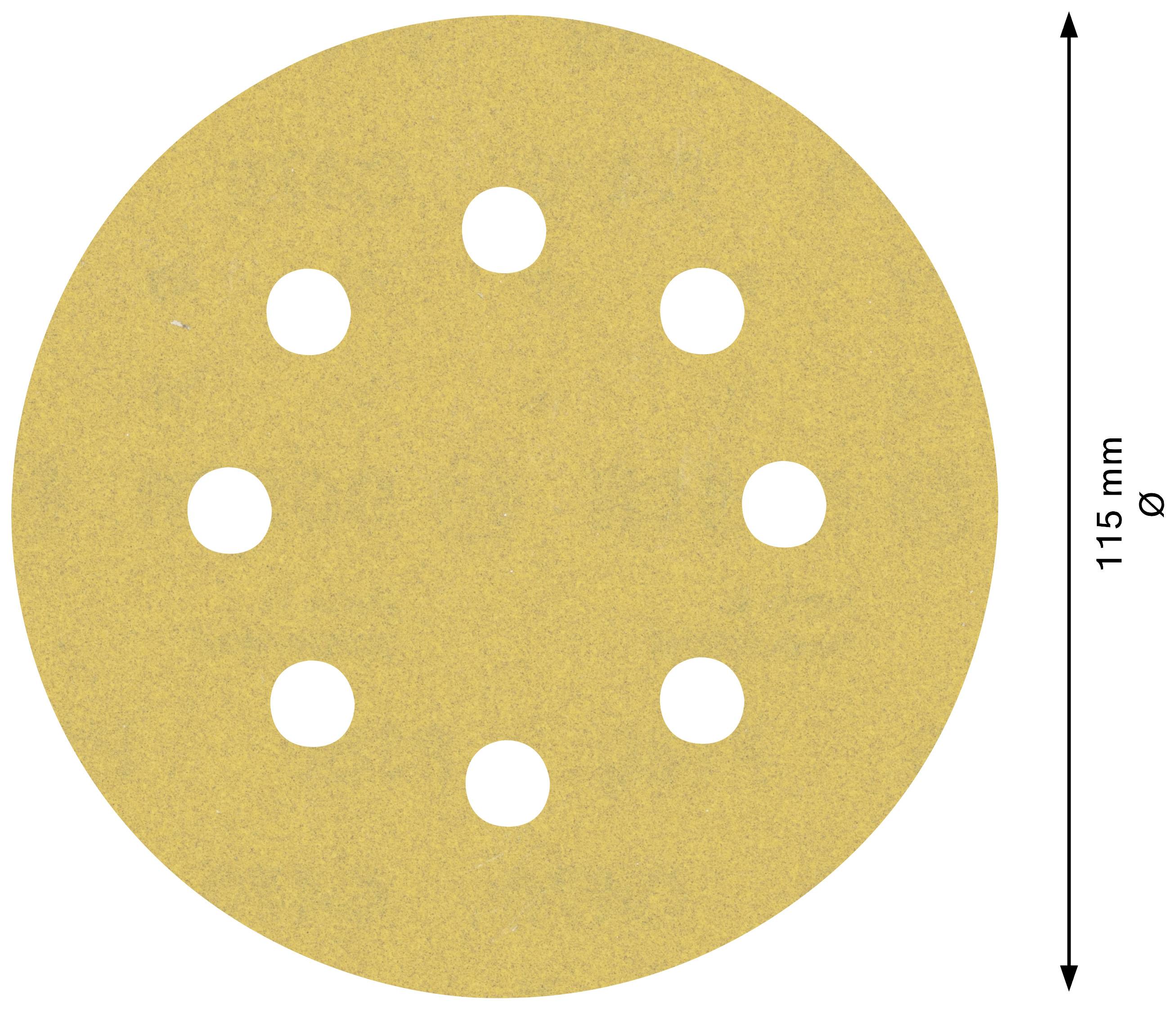 Brusný papír s 8 otvory, kruhový, průměr 115 mm, vhodný pro leštění nebo broušení.