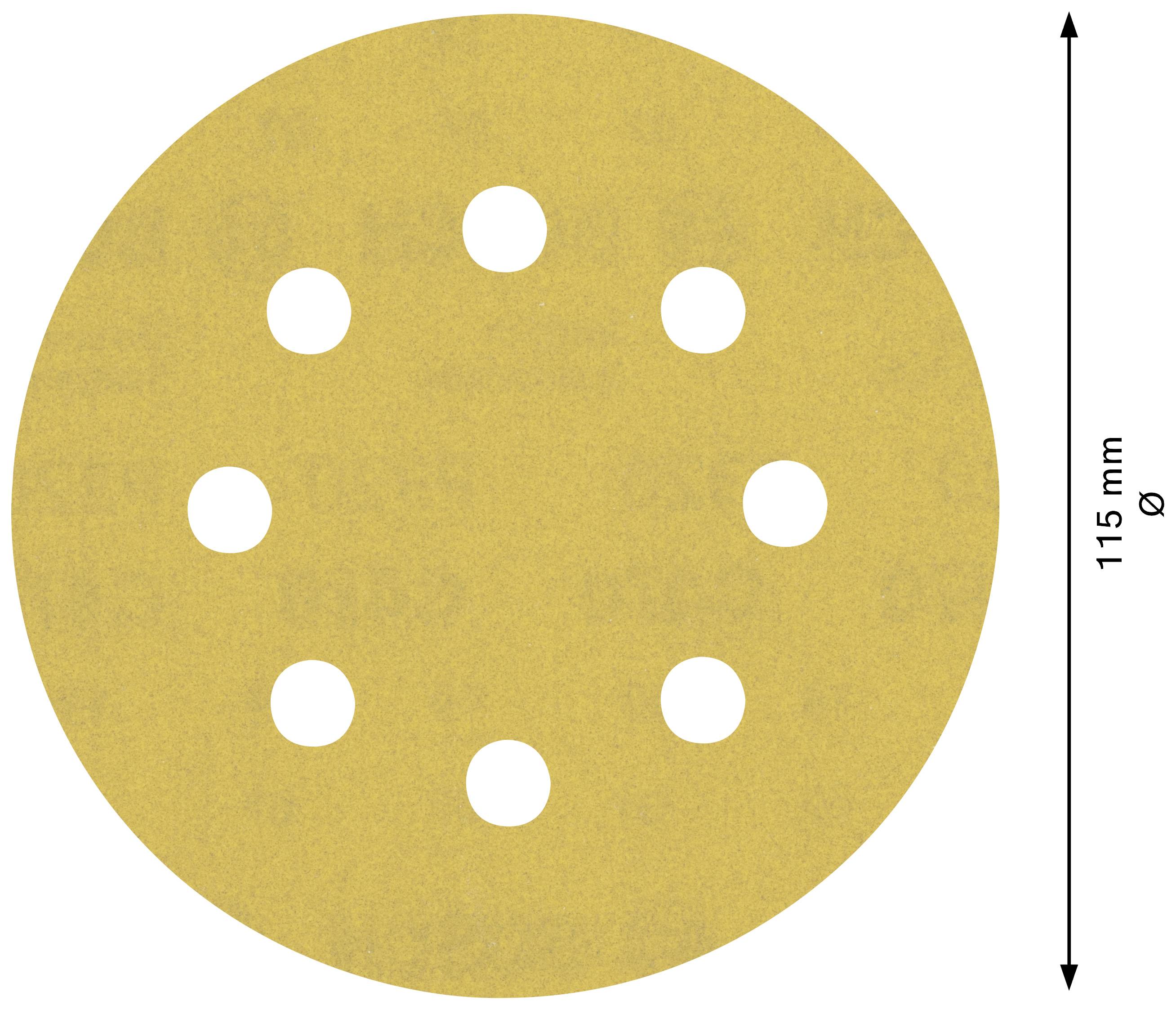 Kulatý, žlutý brusný kotouč s devíti symetricky rozmístěnými otvory. Vedle něj vpravo šipka s délkou 115 mm.