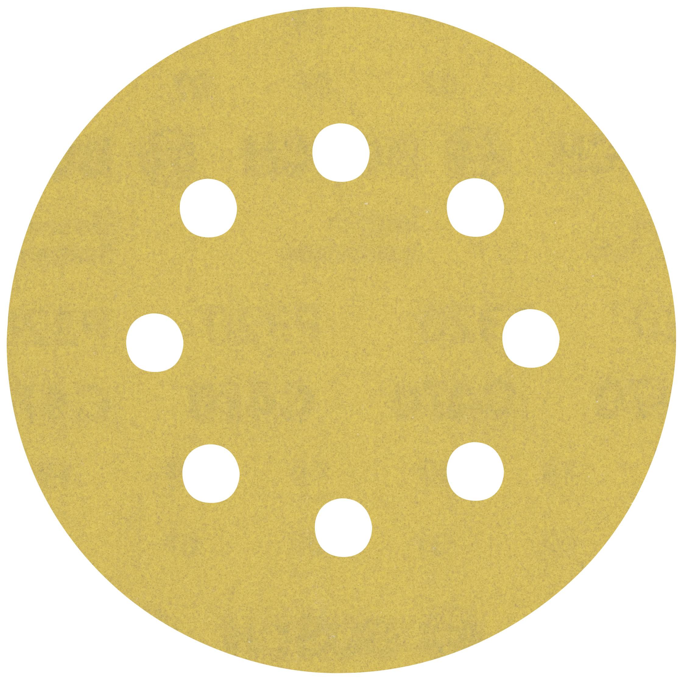 Kulatý brusný kotouč vyrobený ze žlutého brusného papíru s devíti pravidelně rozmístěnými otvory.