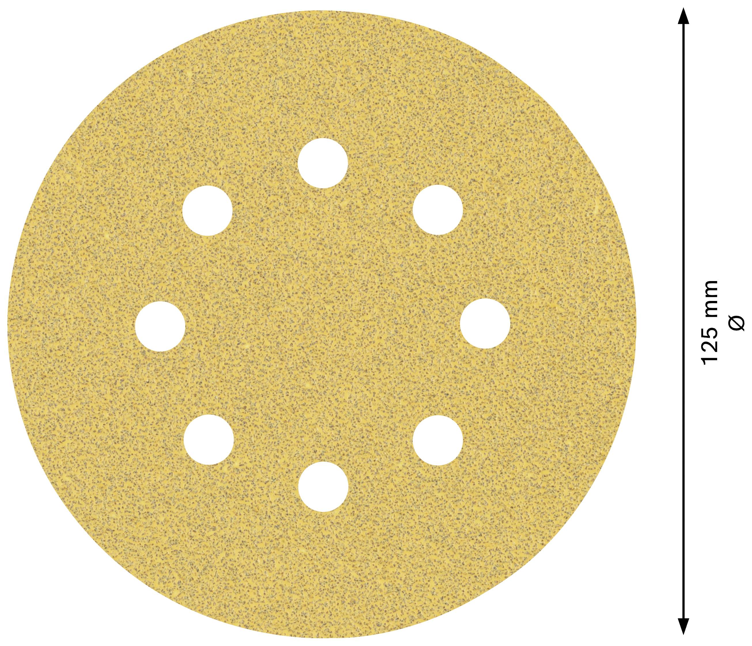 Kulatý brusný papír o průměru 125 mm s pískem podobnou texturou má devět stejnoměrně rozmístěných otvorů.