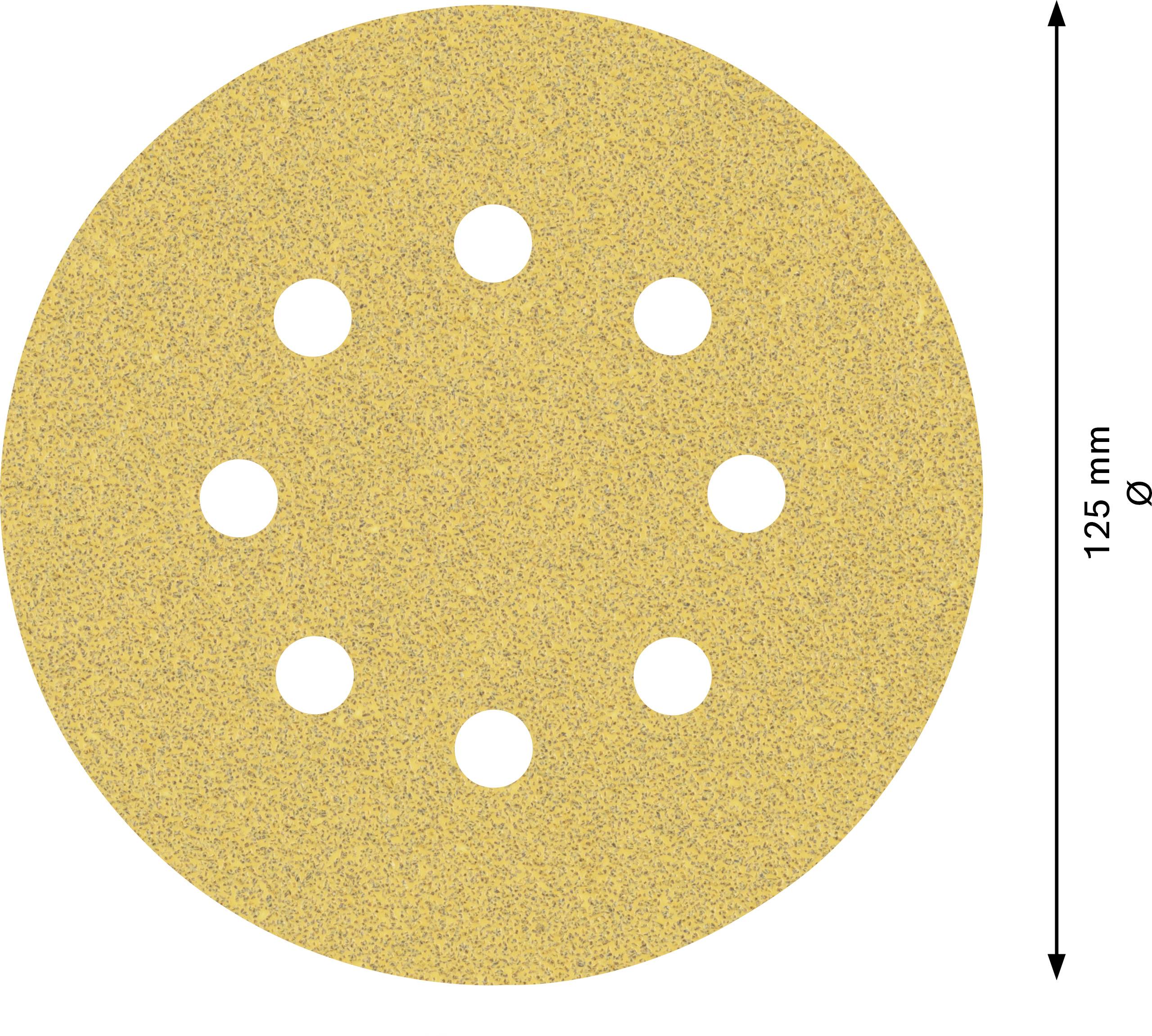 Brusný kotouč s 8 otvory, průměr 125 mm, pískové barvy. Vhodný pro broušení různých povrchových materiálů.