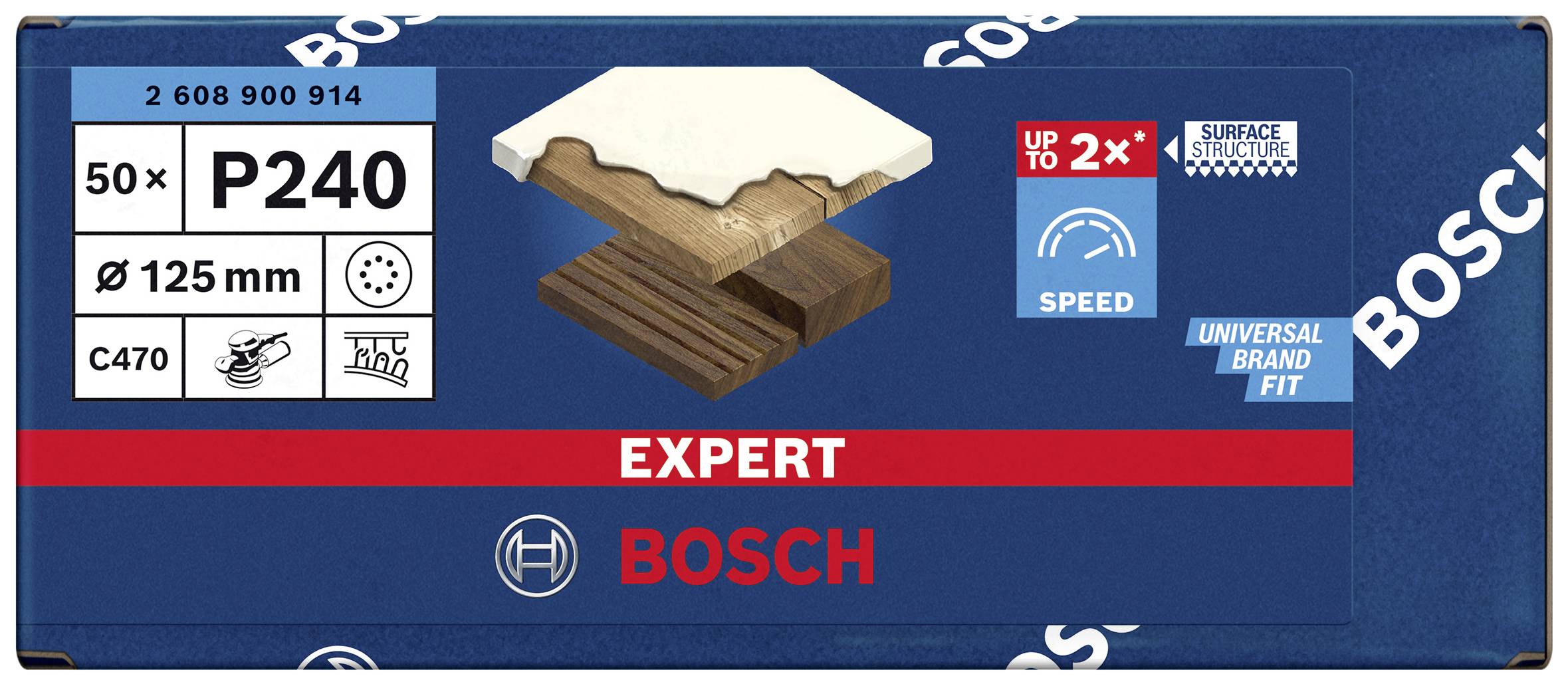 Balení 50 brusných listů, zrnitost P240, průměr 125 mm. Vhodné pro dřevo, zobrazuje grafiky použití a výkonu. Značka 'Bosch'.