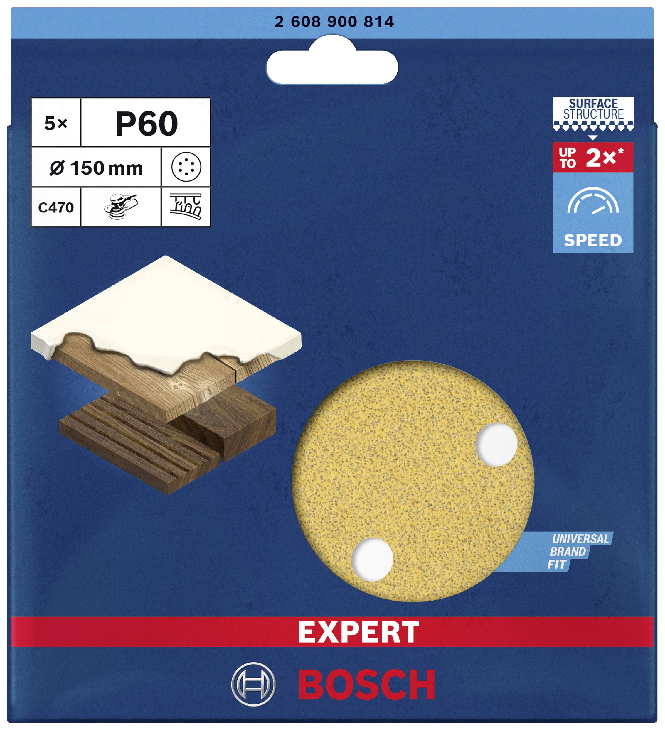 Obrázek zobrazuje balení brusného papíru Bosch Expert. Detaily: 5 listů, zrnitost P60, průměr 150 mm, vhodné pro dřevo.