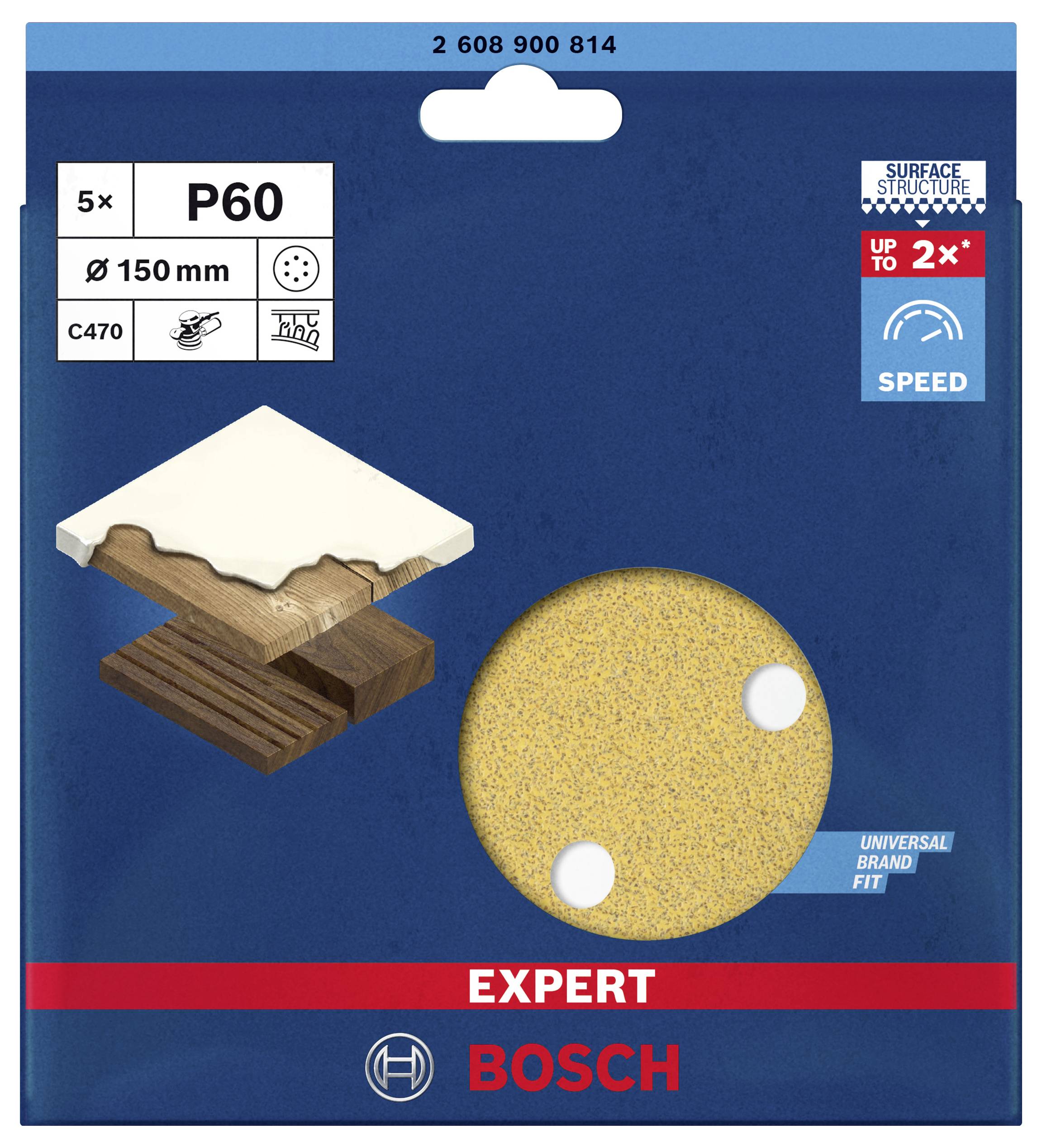 Balení brusného papíru Bosch P60, vhodné pro dřevo a barvu, průměr 150 mm, 5 kusů, symbolizuje vyšší rychlost broušení.