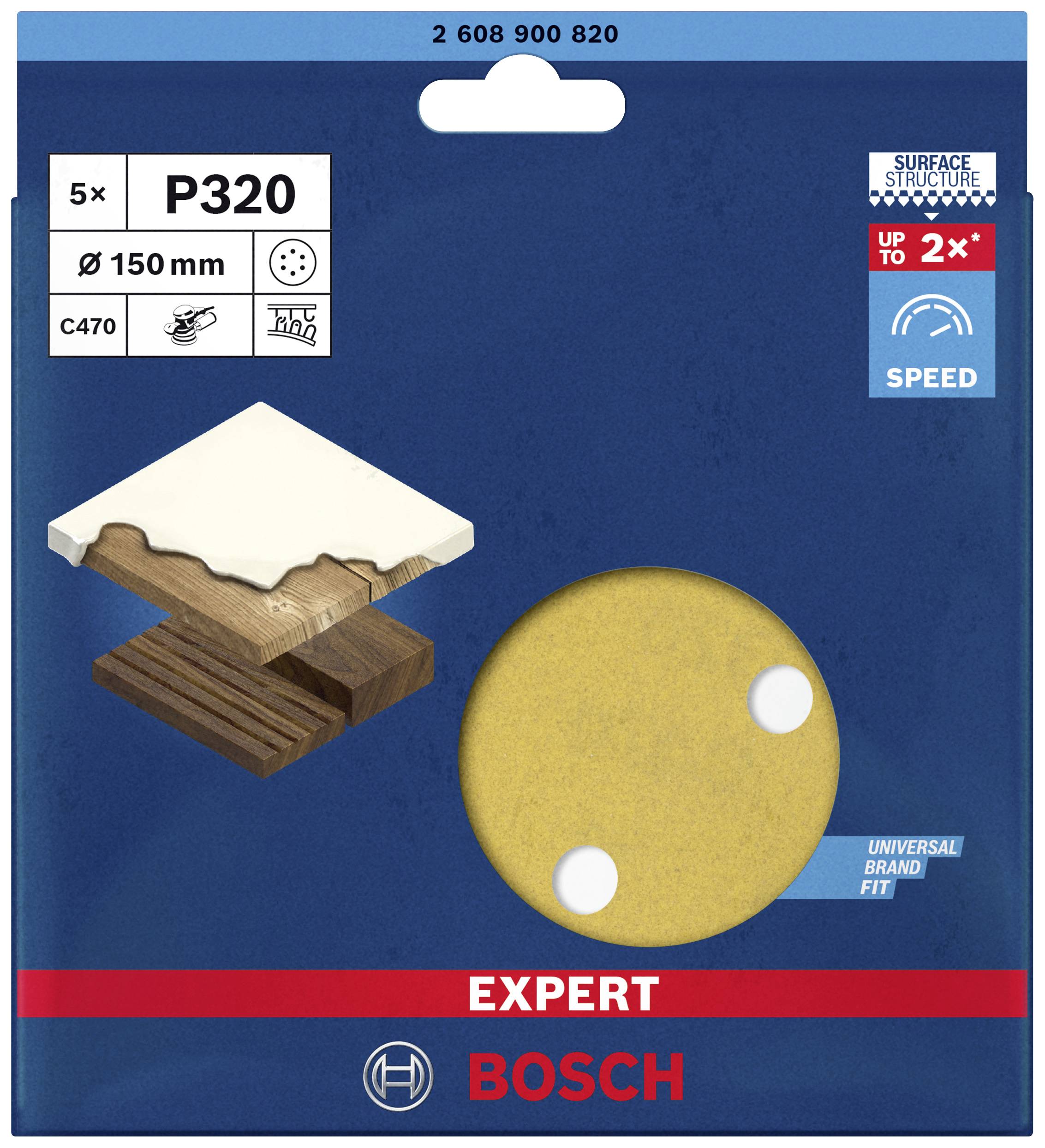 'Bosch Expert brusné kotouče P320, 150 mm. 5 kusů. Univerzálně použitelné pro dřevo a kov. Efektivní úprava povrchu.'