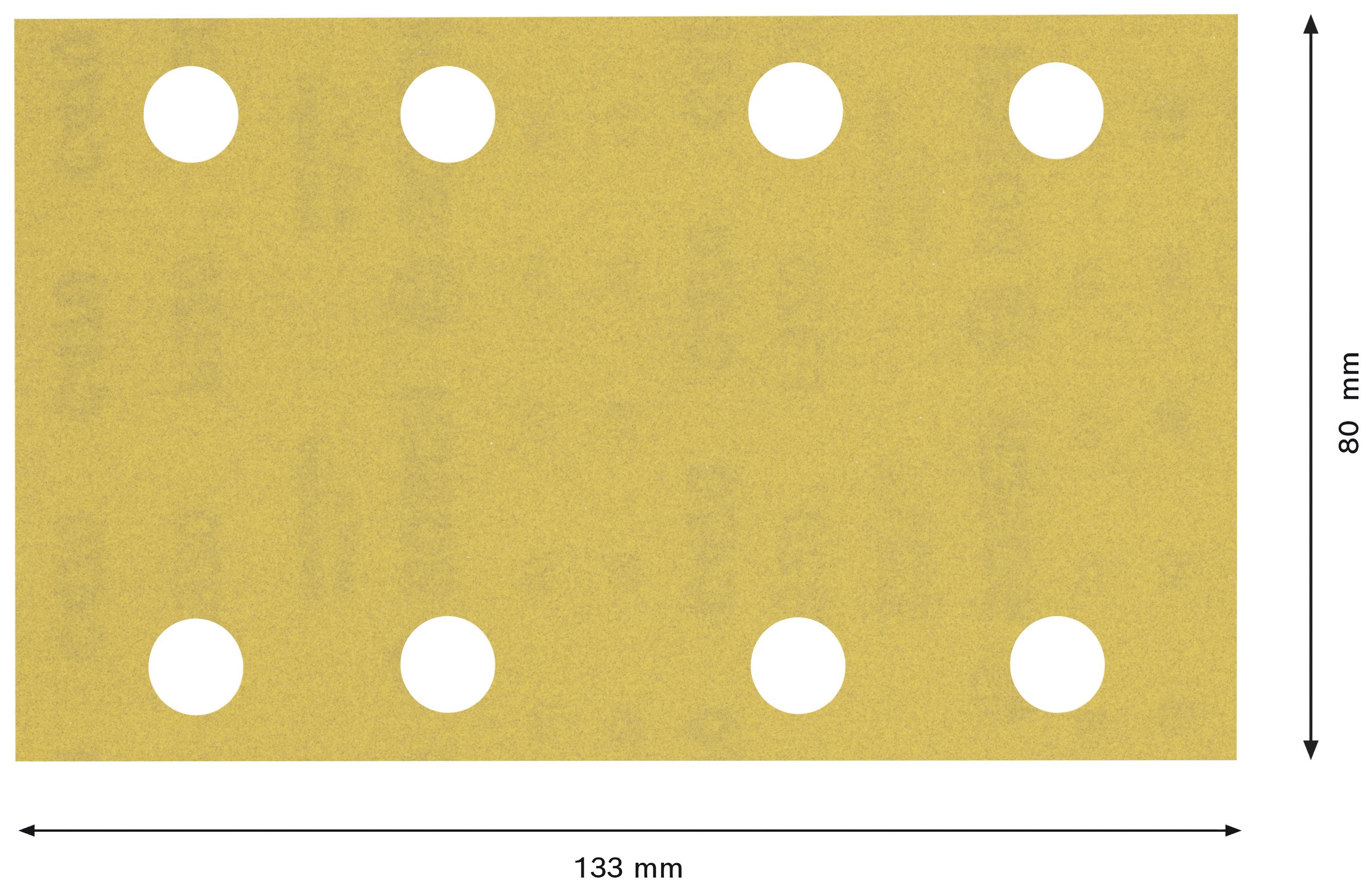 Obdélníková zlatá kovová deska s osmi symetricky uspořádanými kruhovými otvory. Rozměry: šířka 133 mm, výška 80 mm.