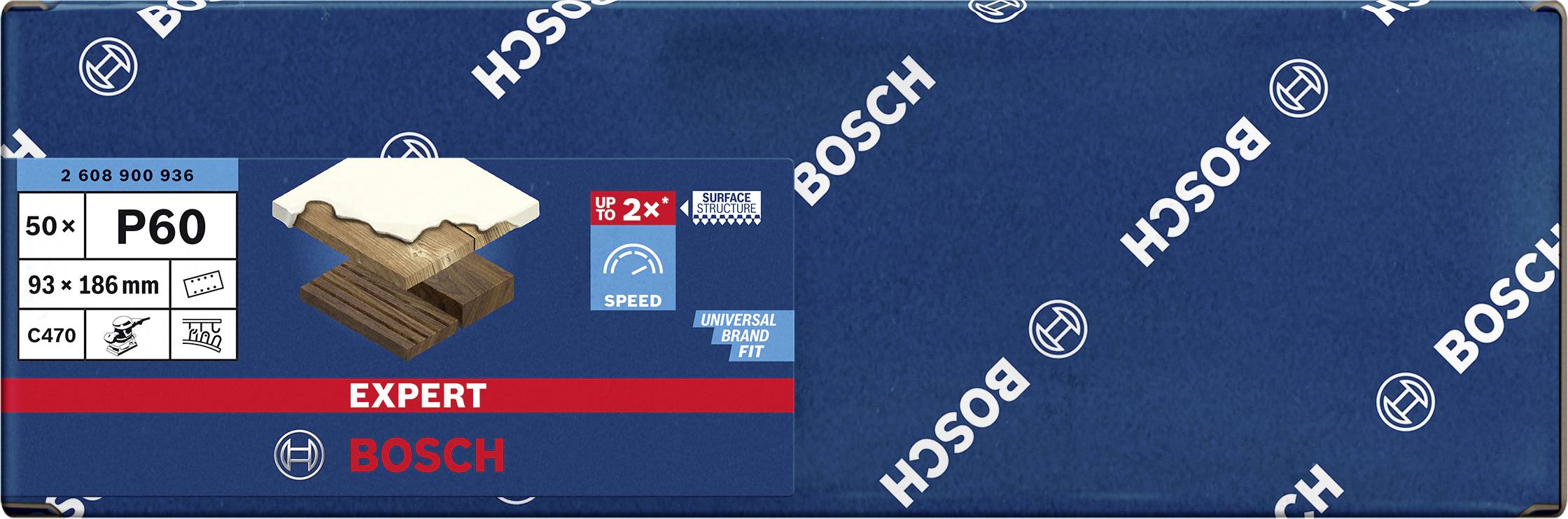 'Brusný papír Bosch, 50 listů, zrnitost P60, rozměr 93 x 186 mm, vhodný pro dřevo a barvu.'