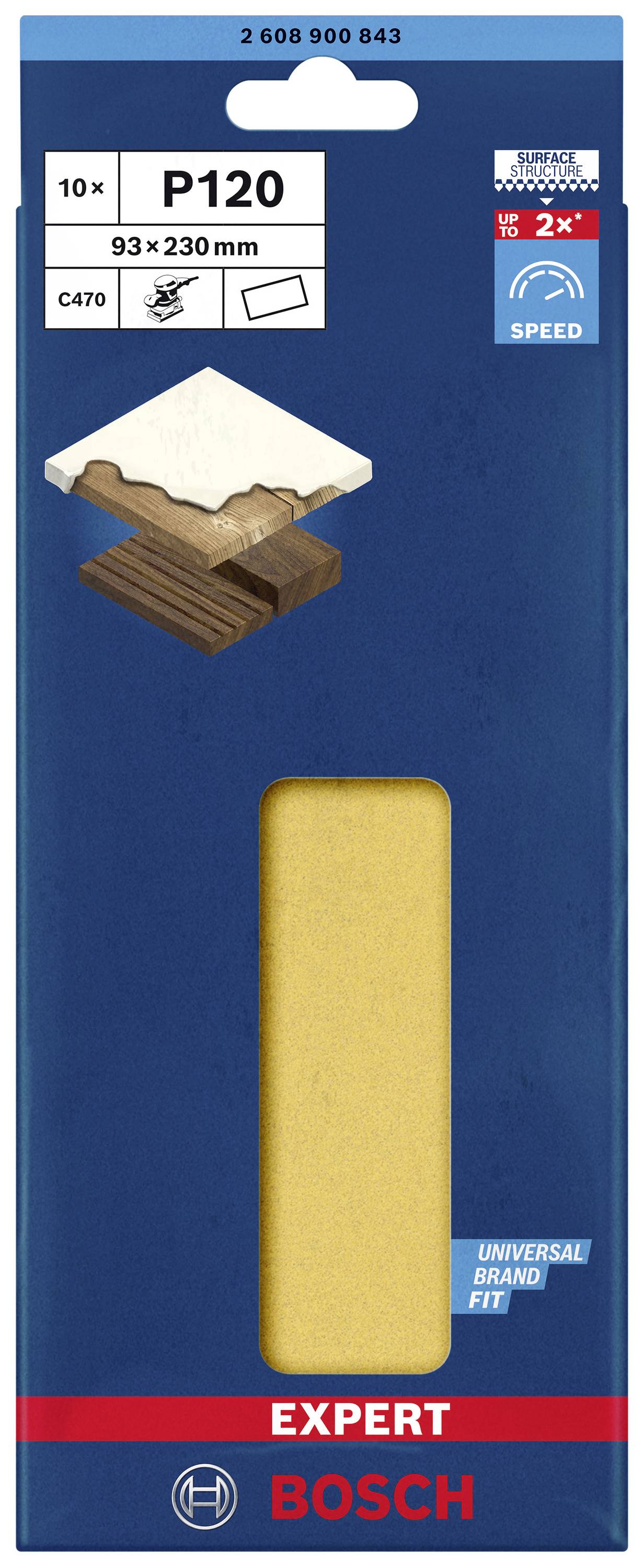 Balení brusného papíru značky Bosch, zrnitost P120, rozměr 93 x 230 mm. Vhodné pro dřevo a kov, balení obsahuje 10 kusů.