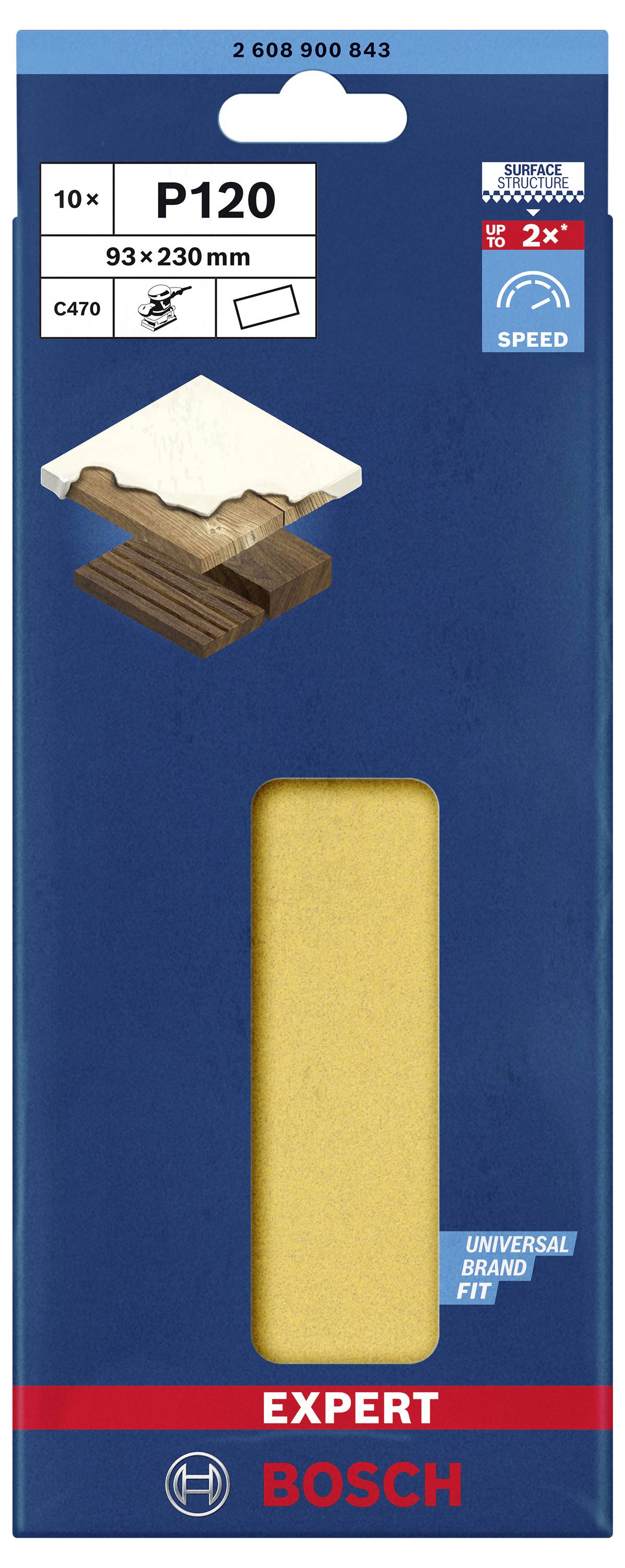 'Bosch Expert brusný papír P120, 93 x 230 mm, na dřevo. Ukazuje příklad lakovaného a nelakovaného dřeva.'