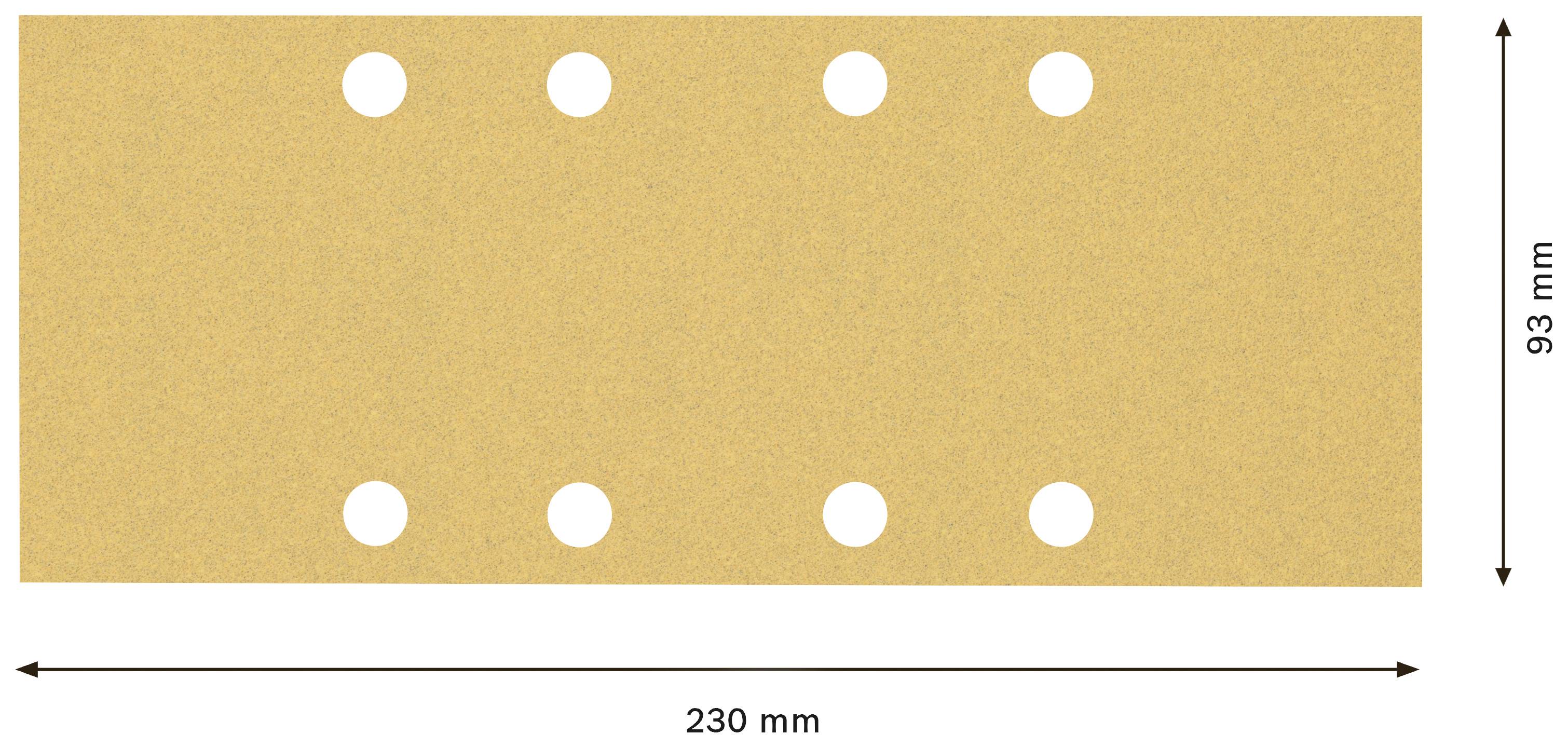 Obdélníkový brusný papír, 230 mm dlouhý, 93 mm široký, s osmi otvory ve dvou řadách.