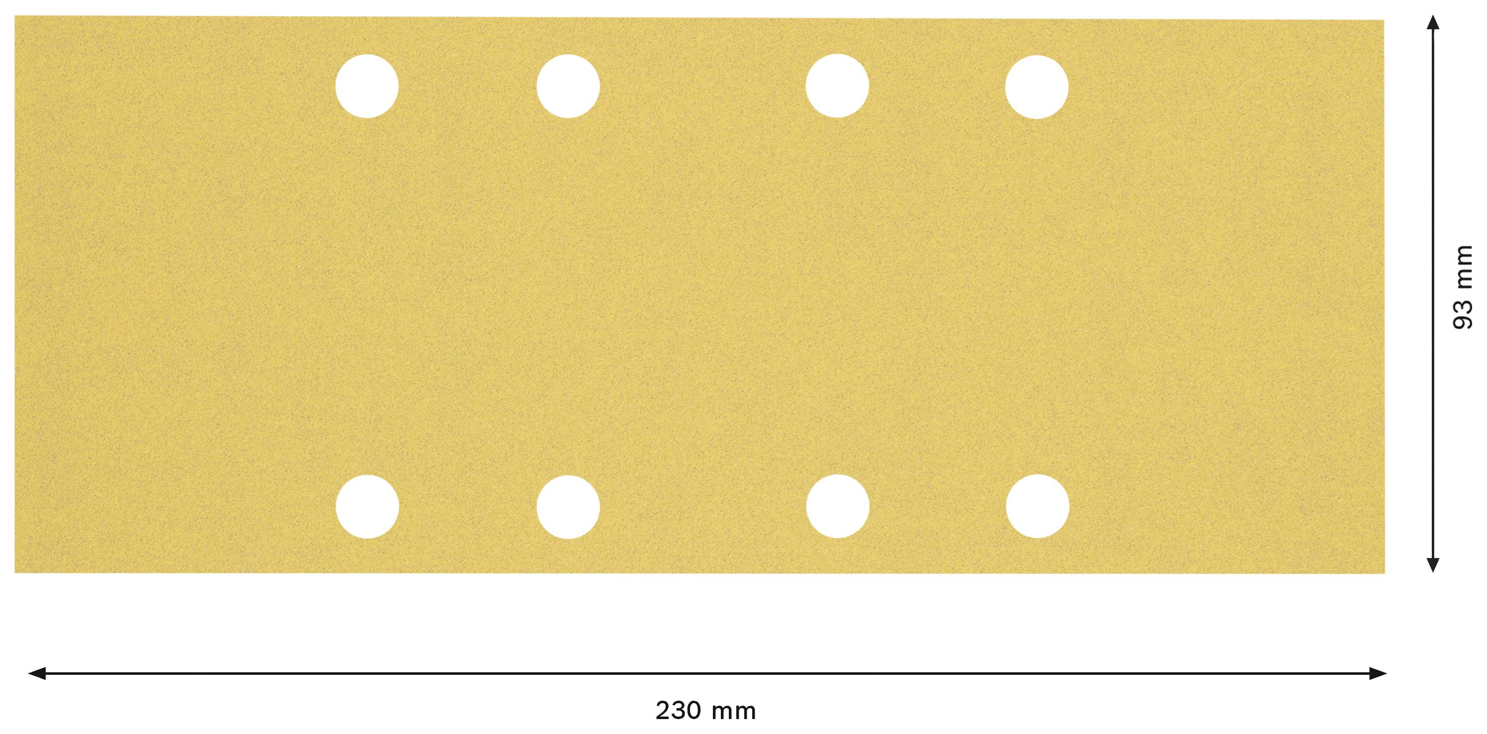 Obdélkový, pískový brusný papír se šesti velkými otvory. Rozměry: 230 mm délka, 93 mm šířka.