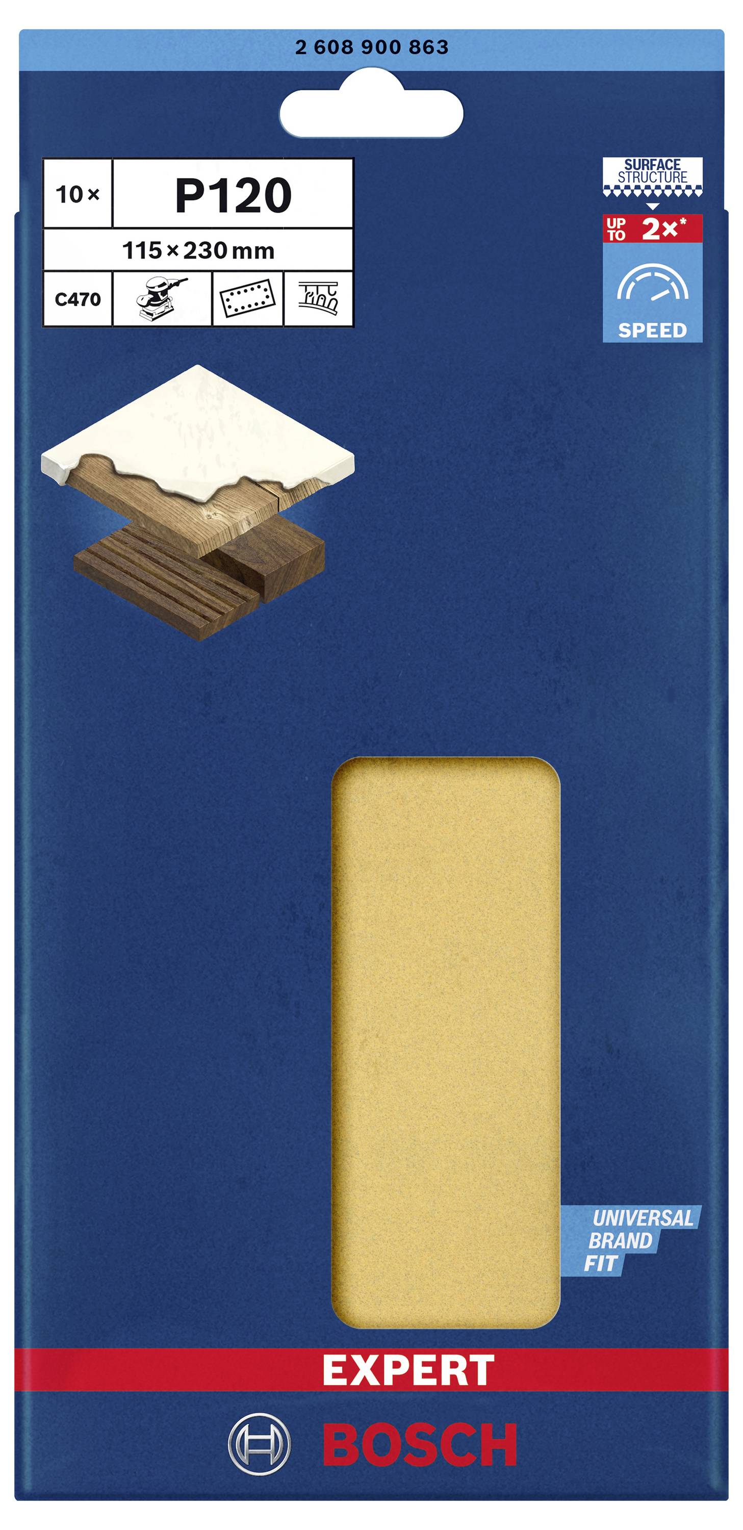 Balení brusného papíru značky Bosch, zrnitost P120, rozměr 115 x 230 mm, vhodný pro dřevo a barvu, obsahuje 10 listů.
