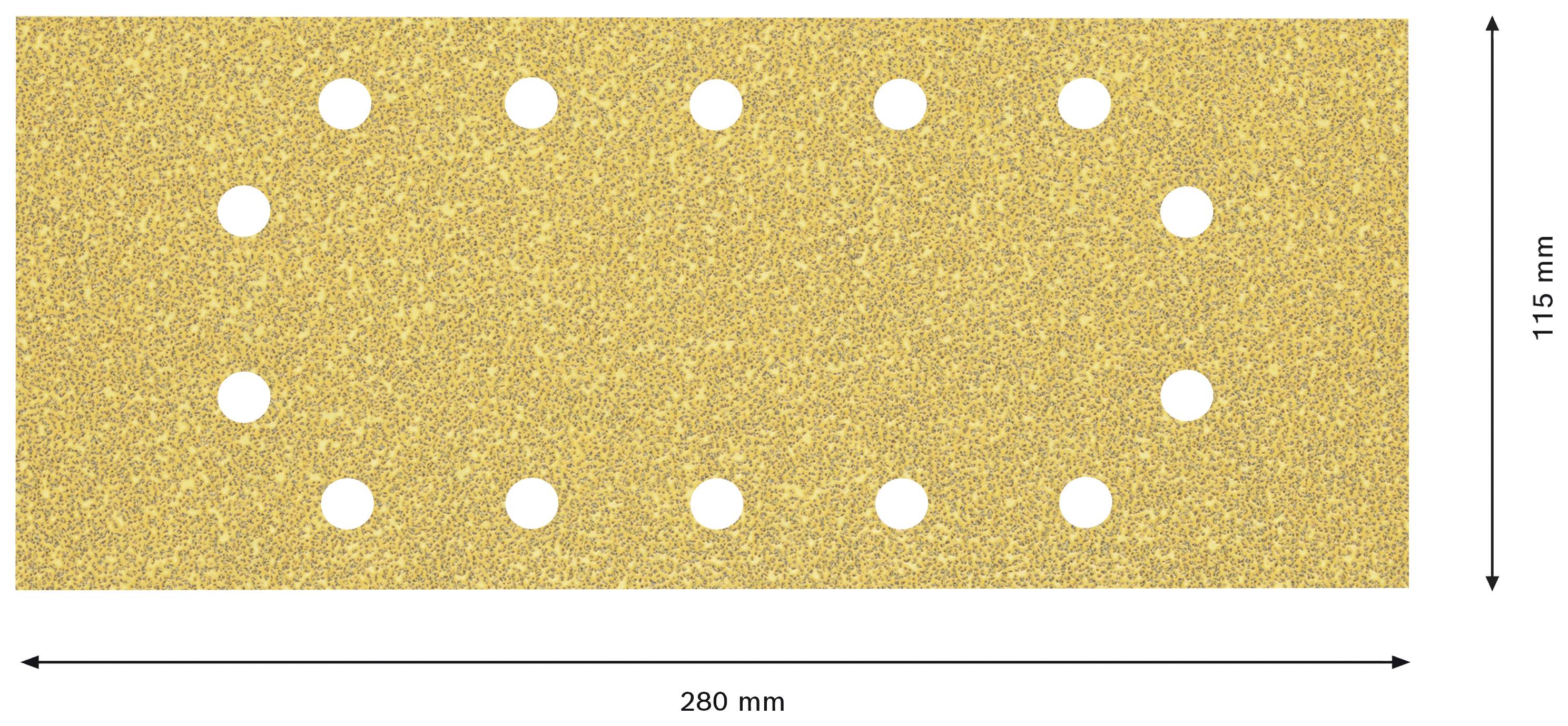 Obdélníkový smirkový papír s 16 kulatými otvory, široký 280 mm a vysoký 115 mm, zobrazený na žlutém pozadí.