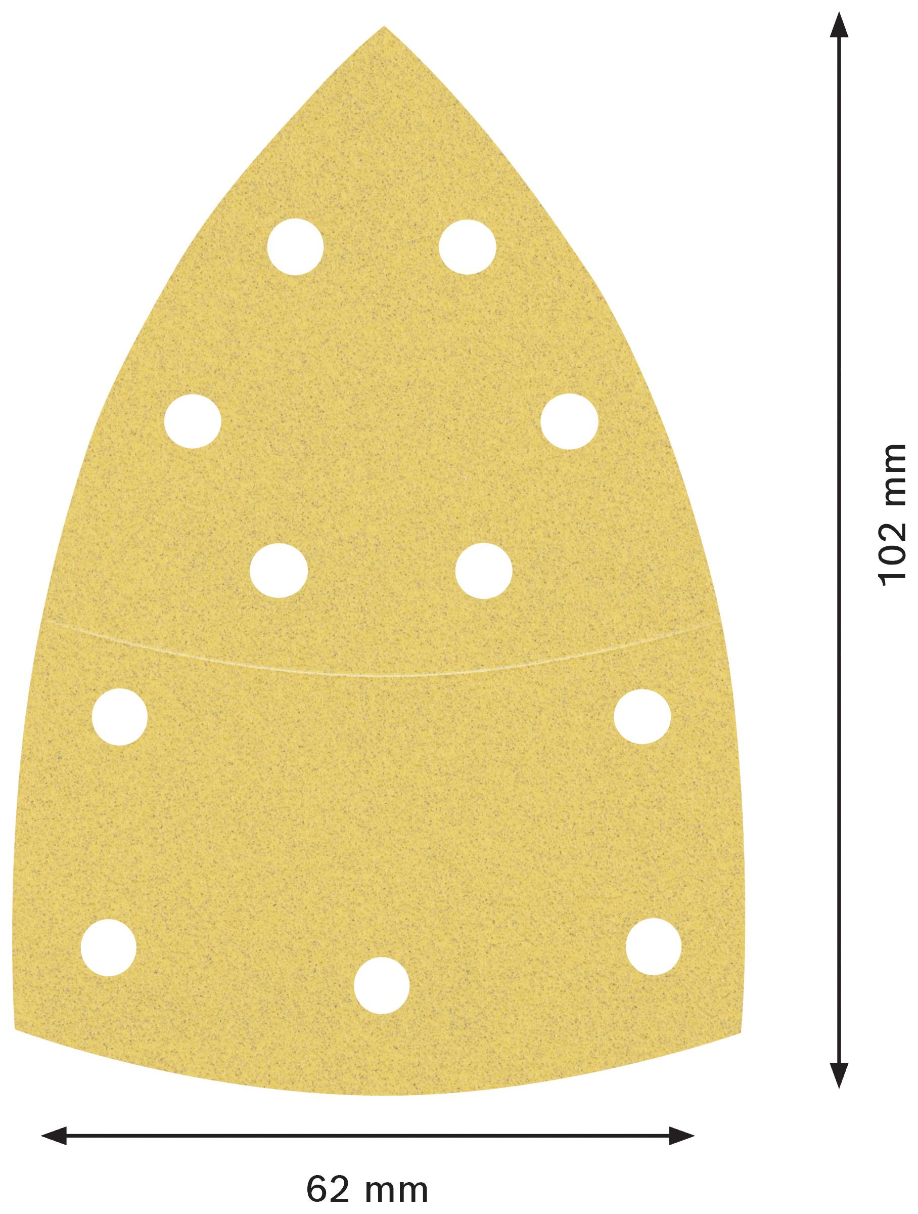 Žehlička tvarovaný brusný papír s 11 otvory; rozměry: 102 mm délka, 62 mm šířka.
